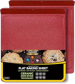 casaWare 2pc Large Flat Baking Cookie Sheet, 12.5 x 14-inch with a 1.5-inch Handle, Ceramic Non-Stick Coating (Red Granite)