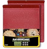casaWare 2pc Large Flat Baking Cookie Sheet, 12.5 x 14-inch with a 1.5-inch Handle, Ceramic Non-Stick Coating (Red Granite)
