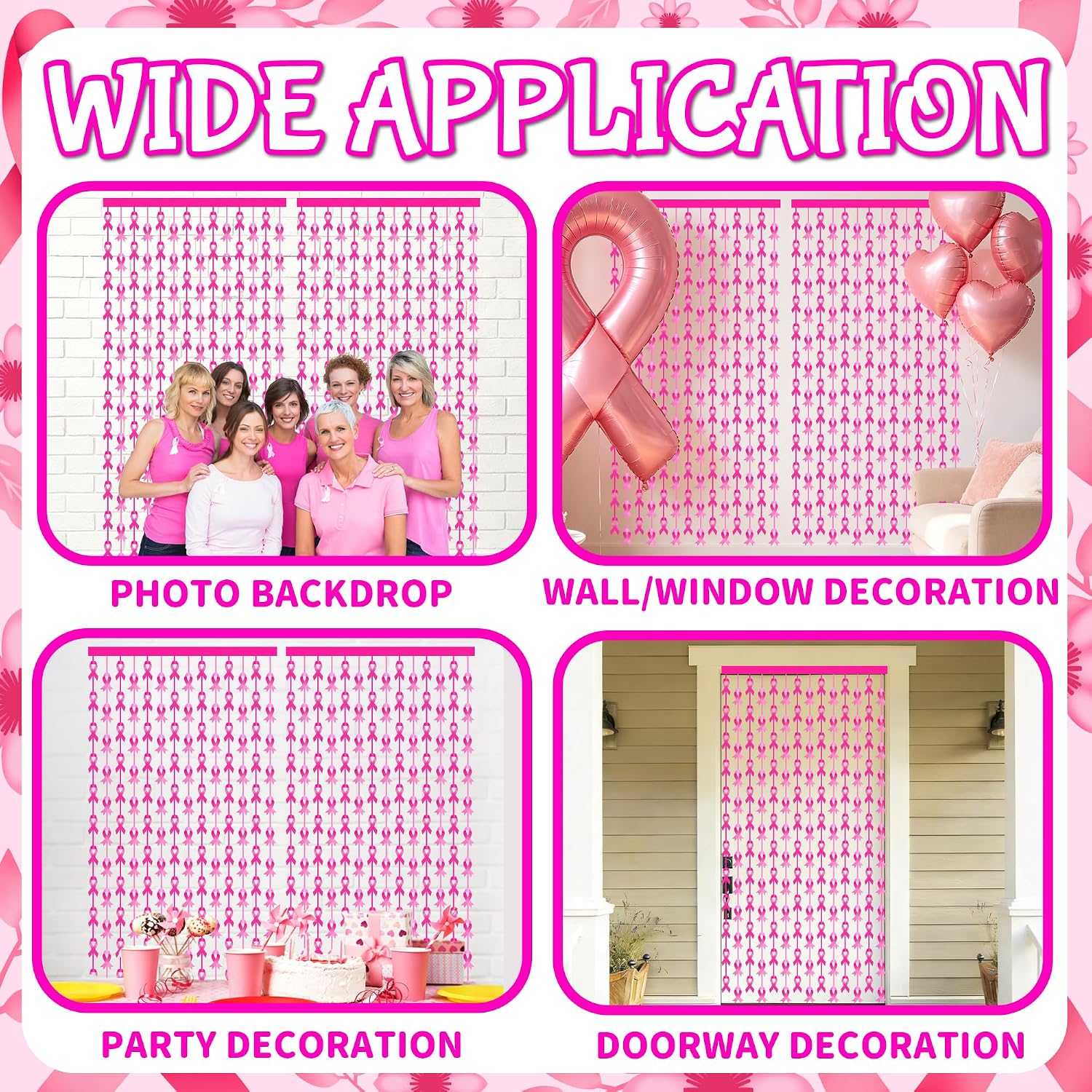 2 Pack Breast Cancer Awareness Decorations Pink Ribbon Foil Fringe Curtains
