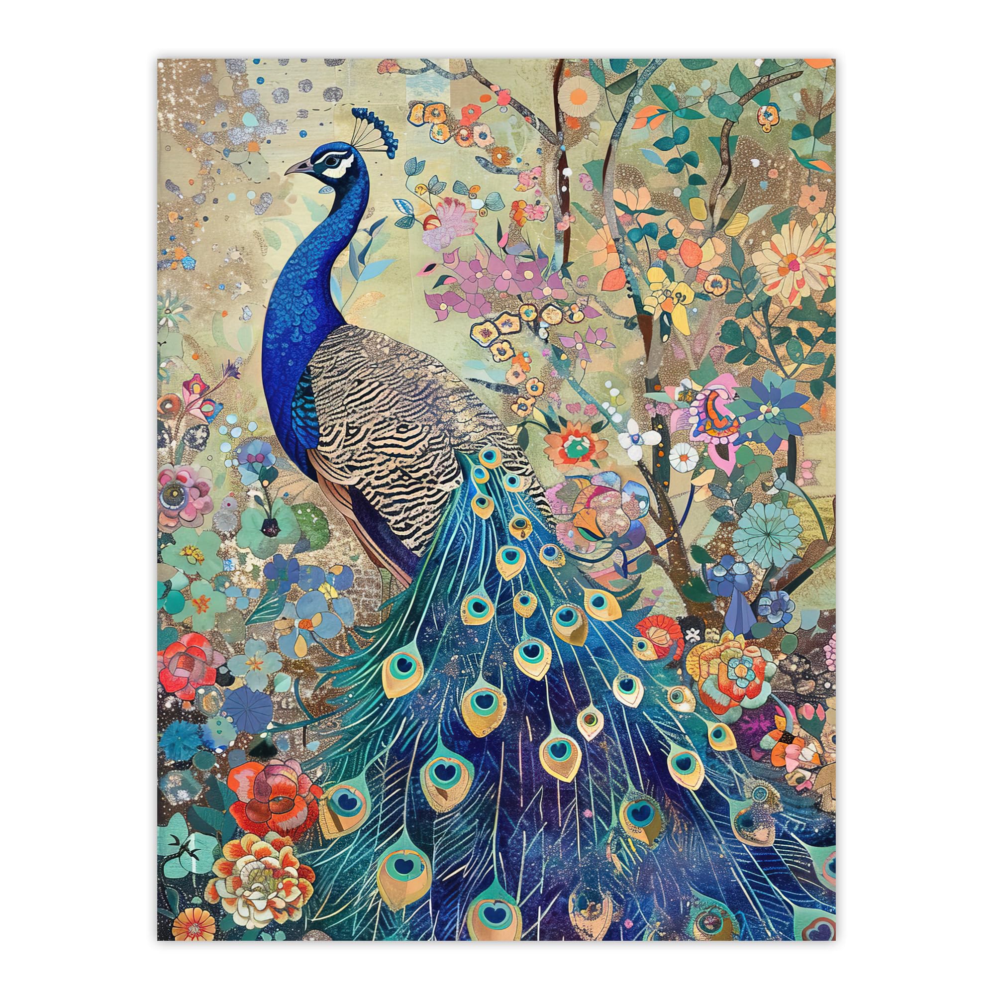 Artery8 Detailed Blue Peacock Wildflower Forest Painting Living Room Large Wall Art Poster Print Thick Paper 18X24 Inch