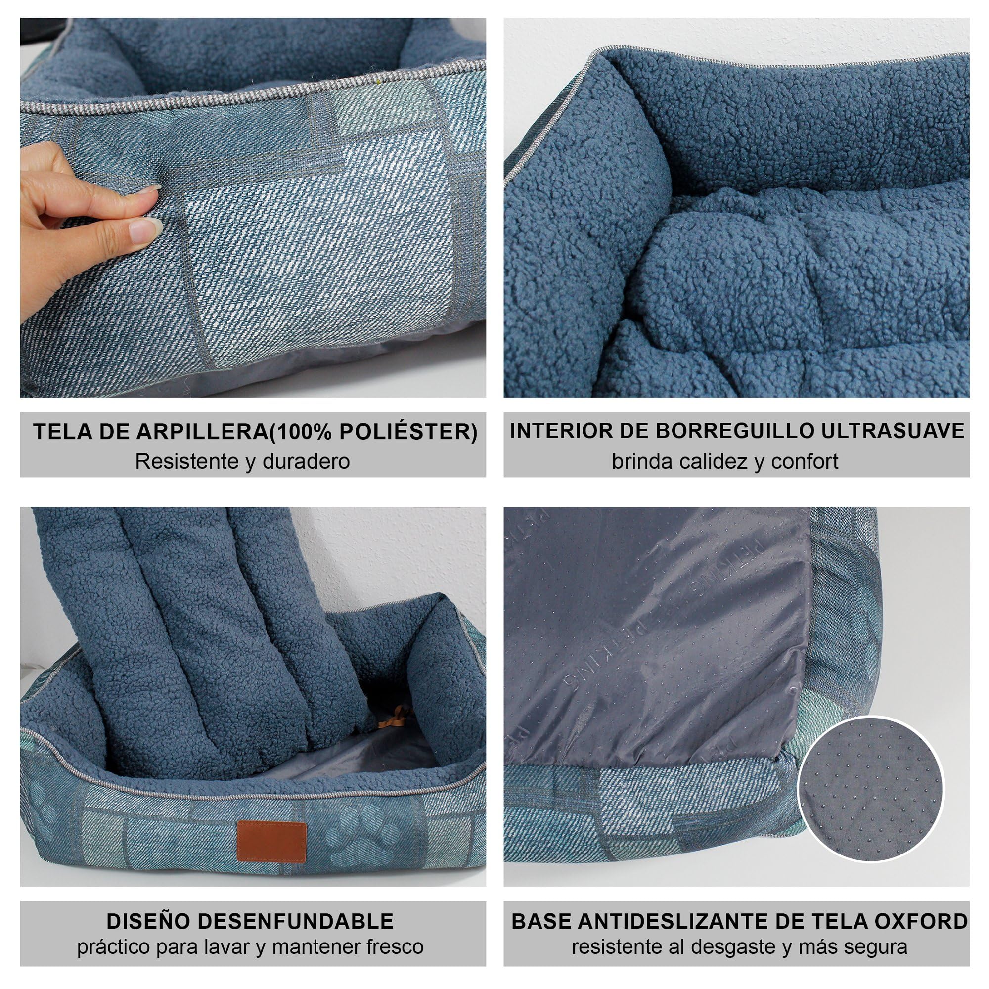 Cama para Perros Grande tacto al Lino Grueso y Forro Borrego Suave, Lavable a Máquina con Cojín Extraíble, Antideslizante, Transpirable, relleno de fibra huesca virgen, Cama para mascotas,65x50cm