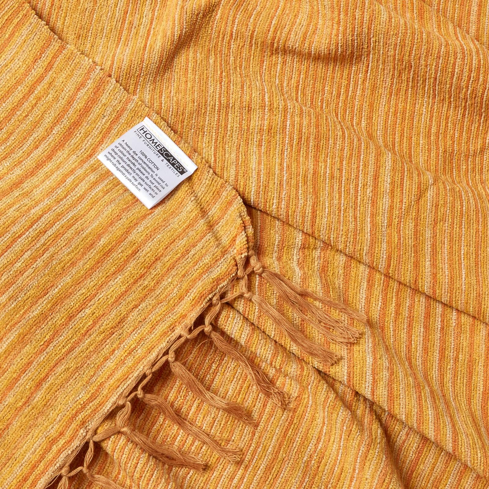 Homescapes Chenille-Tagesdecke, rost-orange, Wohndecke 220 x 240 cm, Sofaüberwurf/Plaid aus 100% Baumwolle mit Fransen, orange gestreift