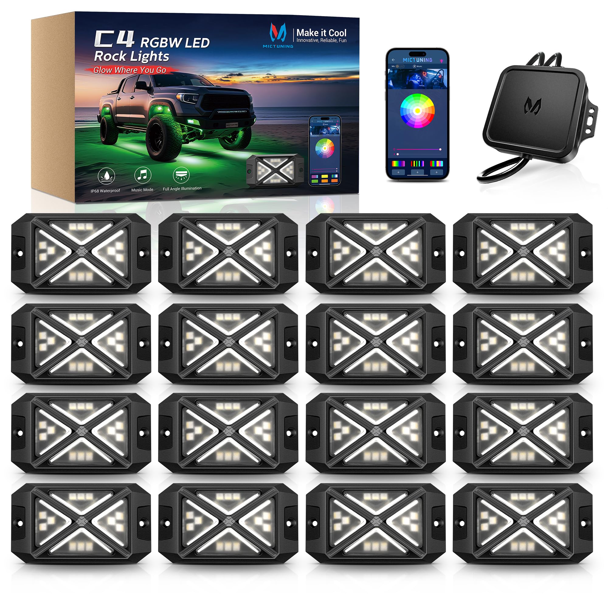 MICTUNING C4 RGBW Rock Lights 16 Pods 360° 4-Sided Wide Beam Underglow Kit