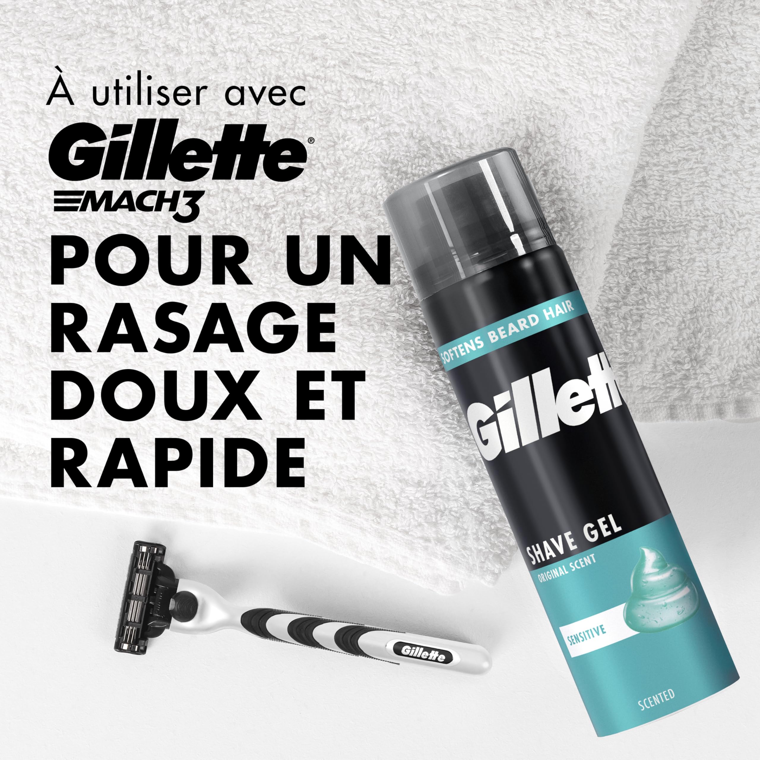 Gillette Gel à Raser Homme, pour la Peau Sensible, 200 ml | Cartouche avec un Revêtement pour Réduire la Pression sur la Peau, en Acier Inoxydable, 1 Recharge Jusqu’à 15 Rasages