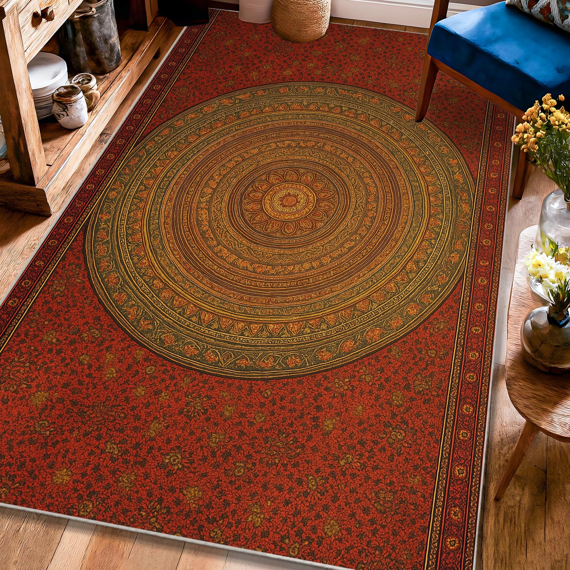 Tapis mandala poils ras entretien facile rouge salon chambre