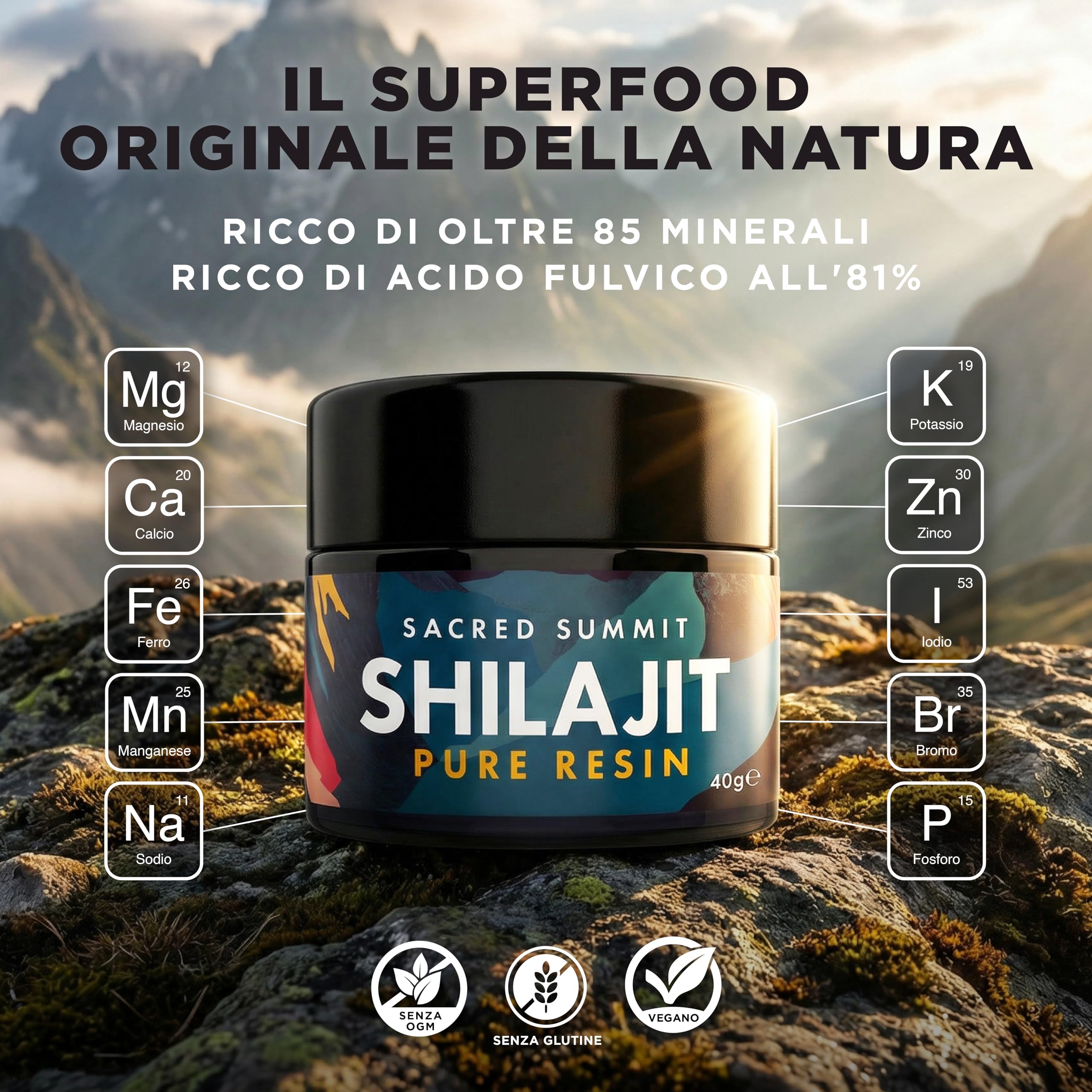 Resina di Shilajit Oro 40g – 81% Acido Fulvico, B12 & Minerali – Energia, Focus & Resistenza – Vegano, Testato in Laboratorio – Fornitura di 3 Mesi