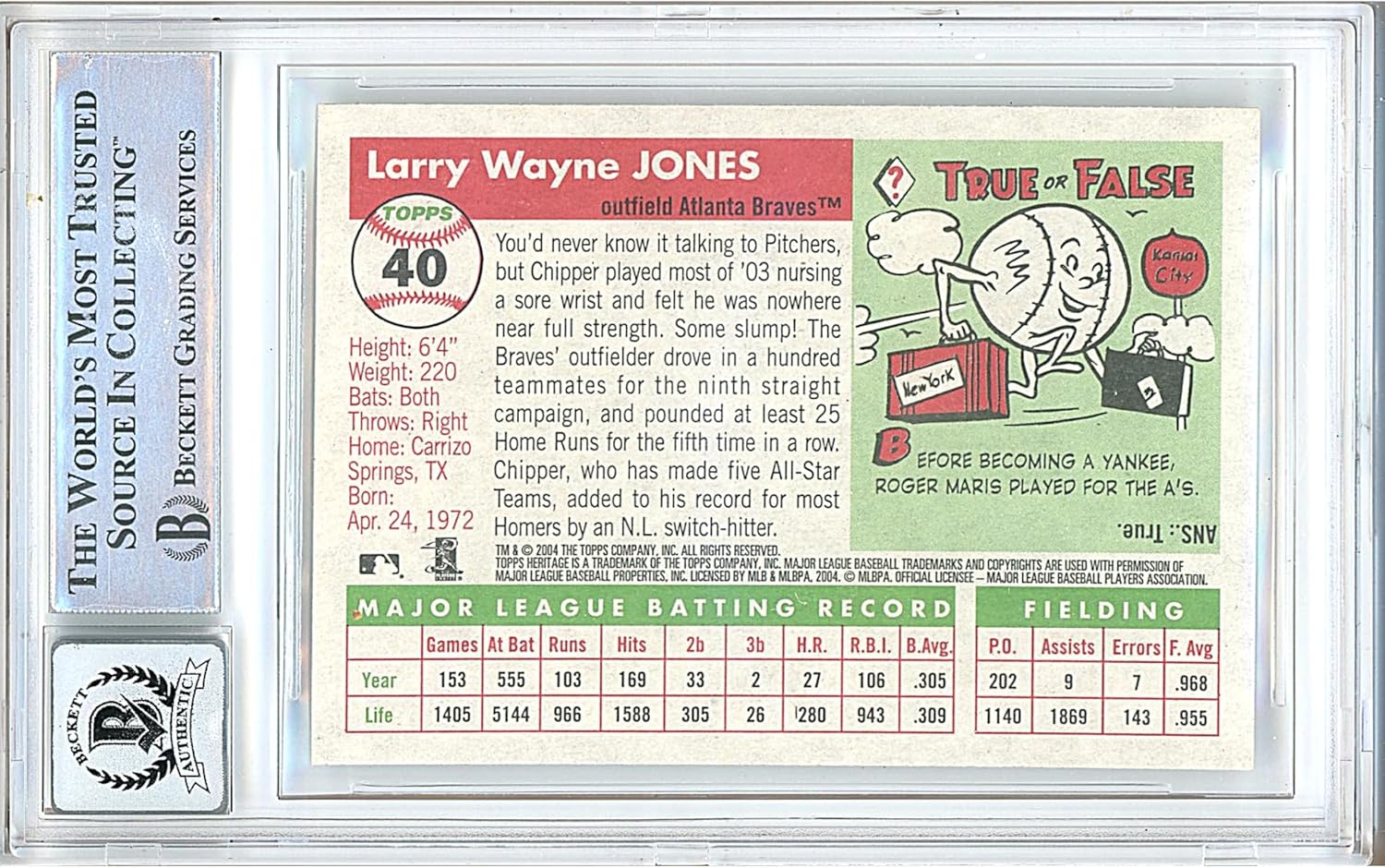 Chipper Jones Autographed 2004 Topps Heritage Variant #40A Baseball Trading Card Beckett BGS Auto 10 Graded BAS Authentic Slabbed COA Played For Atlanta Braves MLB