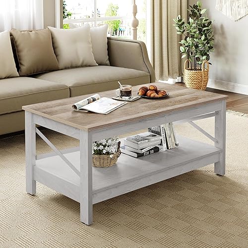 Miniatura 3 de Mesa de centro de granja con almacenamiento central de 2 niveles para sala de estar, color blanco, moderno, contemporáneo, rectangular, MDF lavado