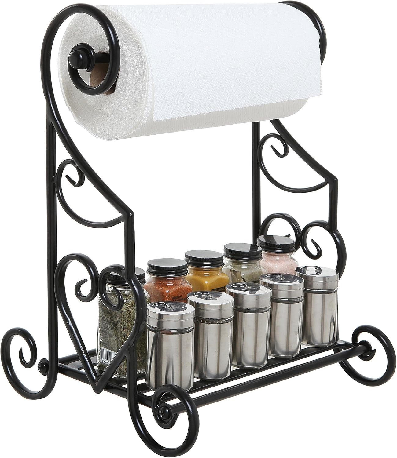 MyGift Paper Towel Holder Countertop with Shelf – Black Metal Freestanding Decorative Organizer for Kitchen, Scrollwork Design, Horizontal Storage for Spices, Napkins, and Condiments