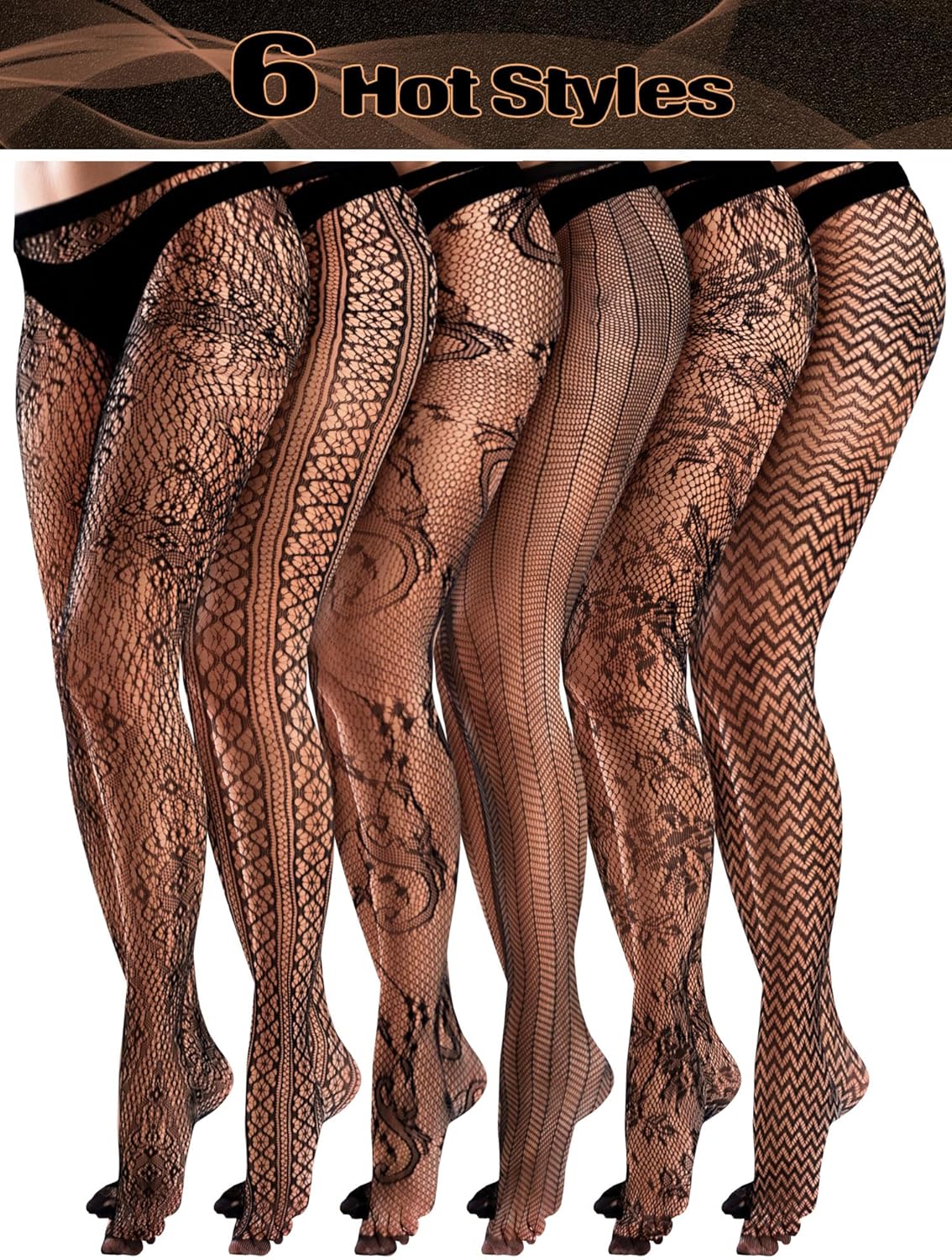 Ramede 6 Pairs Halloween Fishnet Stockings for Women Lace Tights Patterned Thigh High Floral Waist Goth Leggings Pantyhose - Image 5