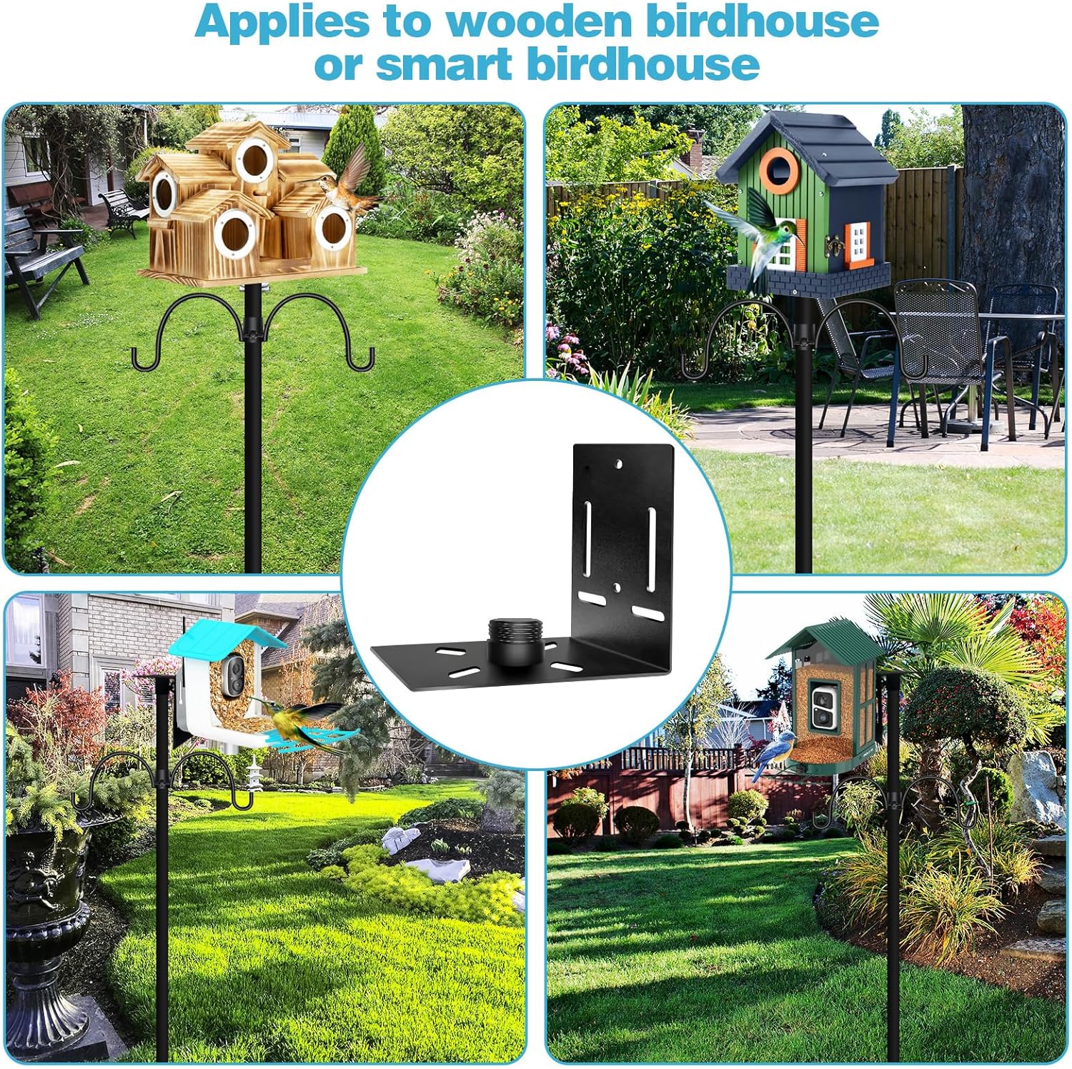 QwayHome 92Inch Smart Bird Feeder Pole, Bird House Pole Mount Kit for Outdoor Smart Bird Feeder & Wooden Birdhouse & Weather Station, 1Inch Dia Poles, with 5-Prong Base, 2Pc Shepherd Hook