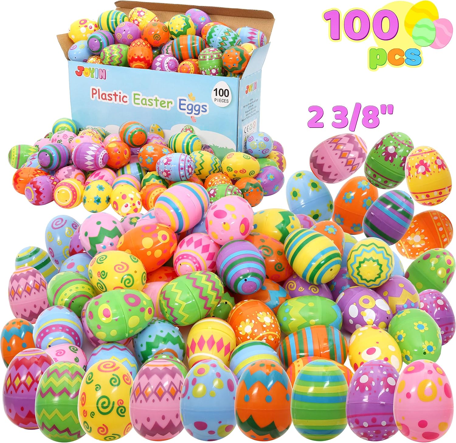 JOYIN 100 Pcs Plastic Printed Bright Easter Eggs 2.3" Tall for Easter Hunt, Basket Stuffers Fillers, Classroom Prize Supplies, Filling Treats and Party Favor