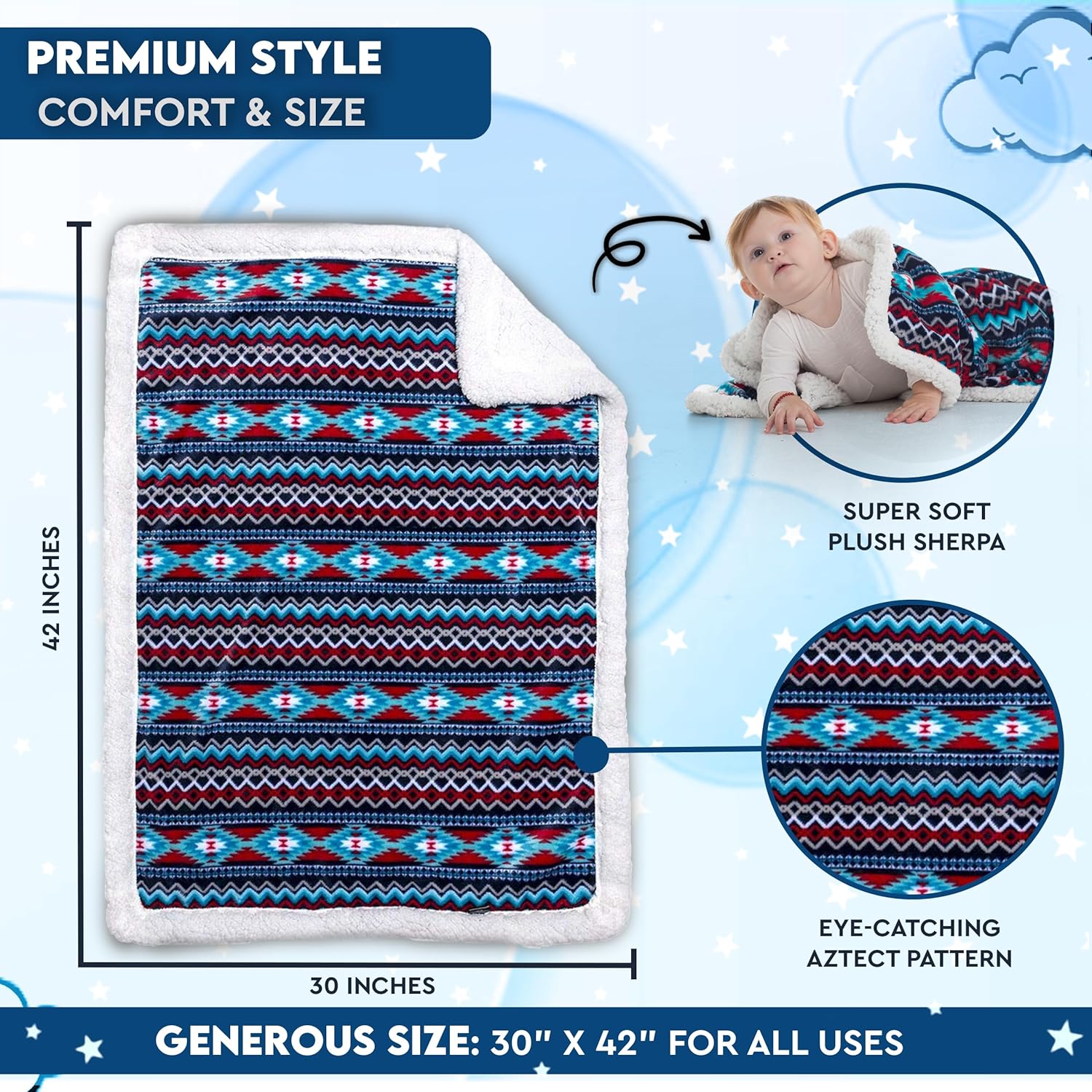 Ultra Soft Sherpa Fleece Cozy Plush Baby Blanket for Kids, Reversible with Aztec Prints, Washable, Wide Size, Baby Shower Present - Image 3