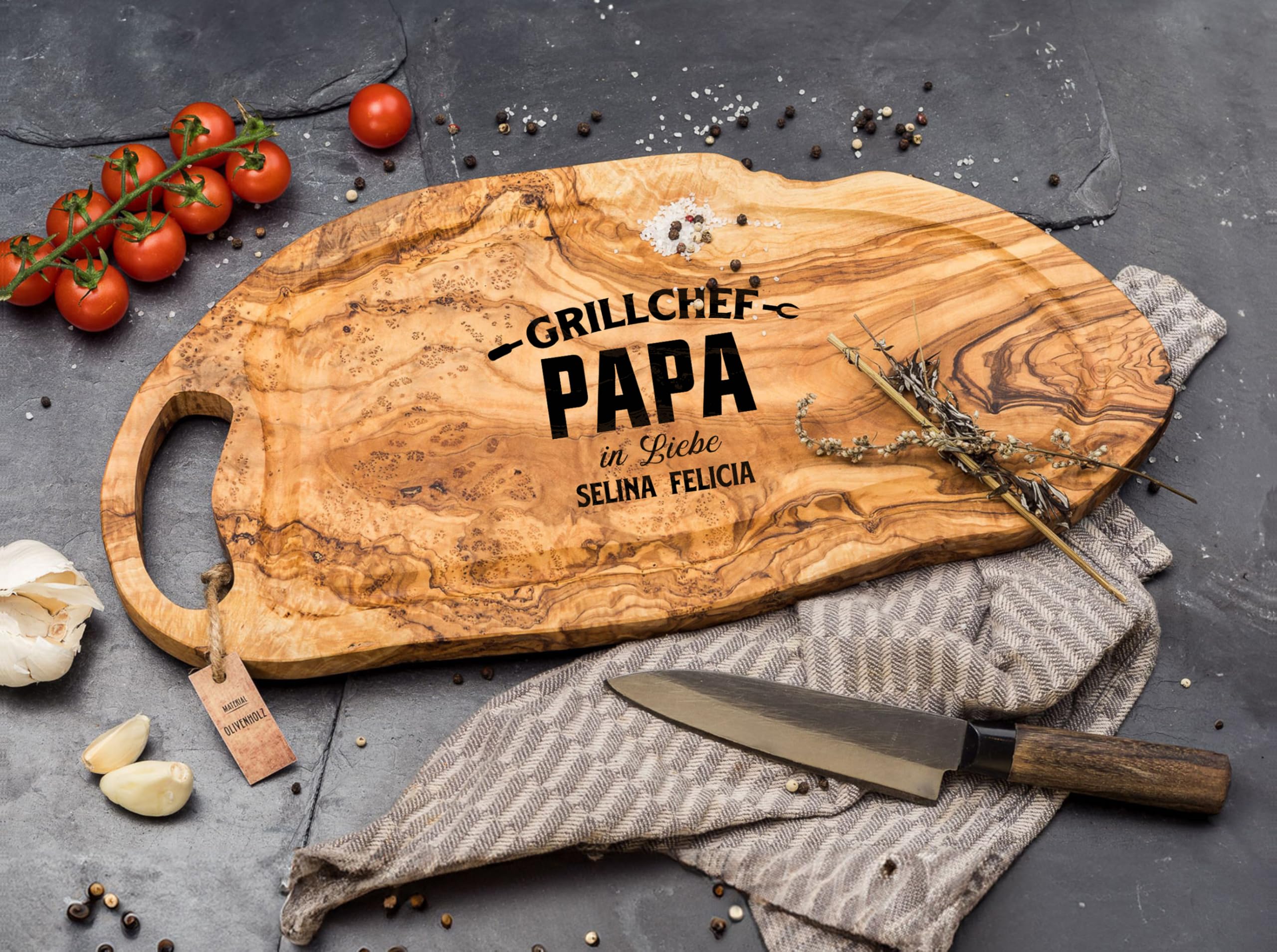 Schneidebrett mit Gravur Olivenholz [+ PERSONALISIERT] | Grillbrett | Grill Geschenke für Männer | Grill Zubehör | Personalisierte Geschenke Männer | Olivenholzbrett | Servierbrett