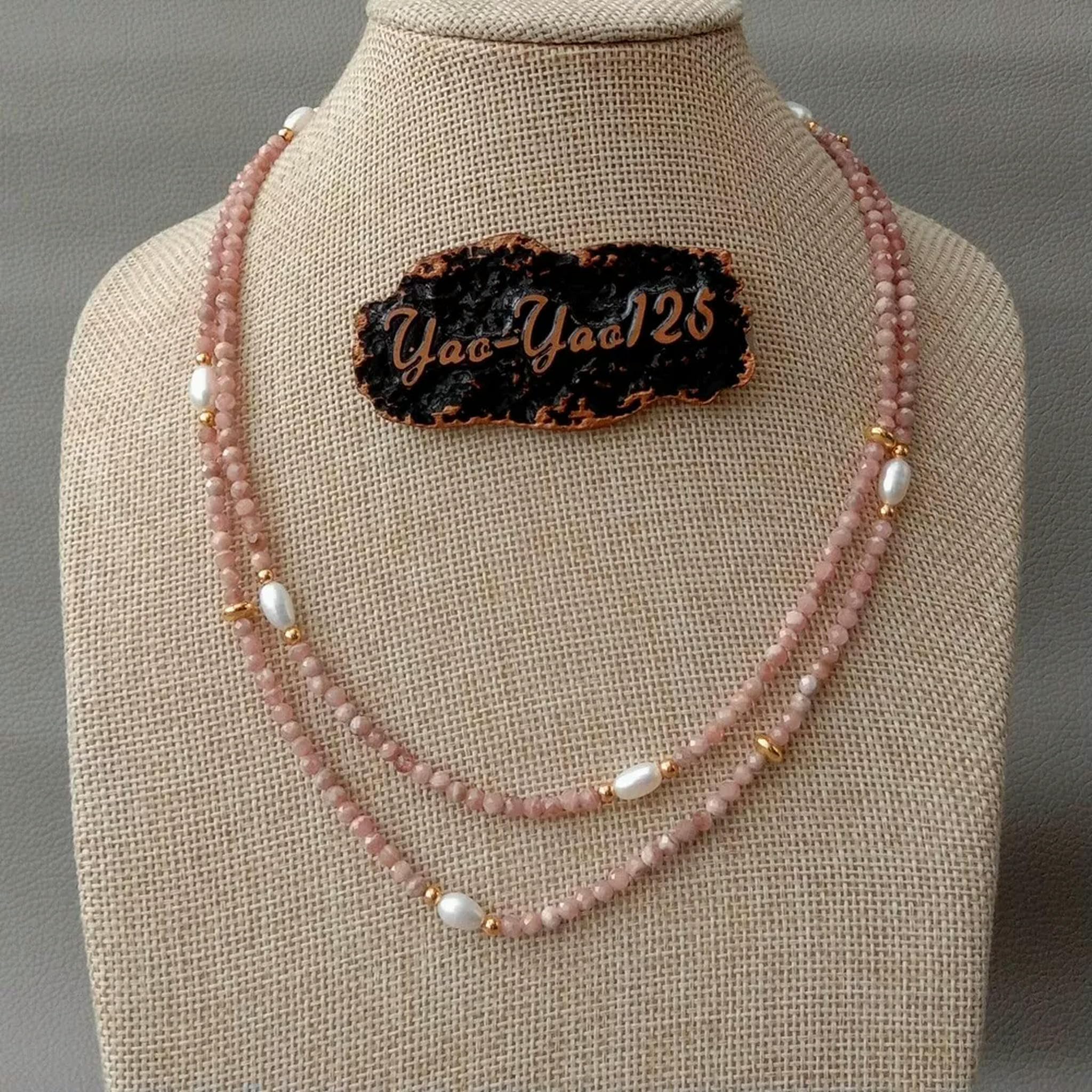Collana di Perle di Riso Bianco coltivate con rodocrosite Rosa sfaccettata Naturale