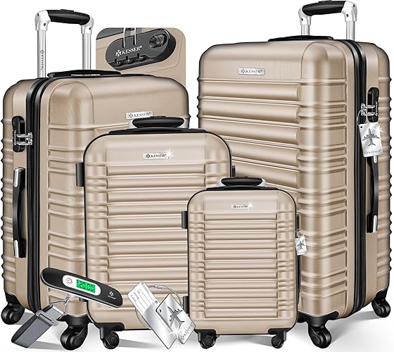 KESSER® 4tlg. Hartschalenkofferset Hartschalenkoffer Reisekoffer Set Reisekofferset Trolley Koffer 4 Rollen ABS-Hartschale Teleskopgriff Inkl. Kofferwaage + Gepäckanhänger Rollkoffer Schloss, S-M-L-XL - Champagne