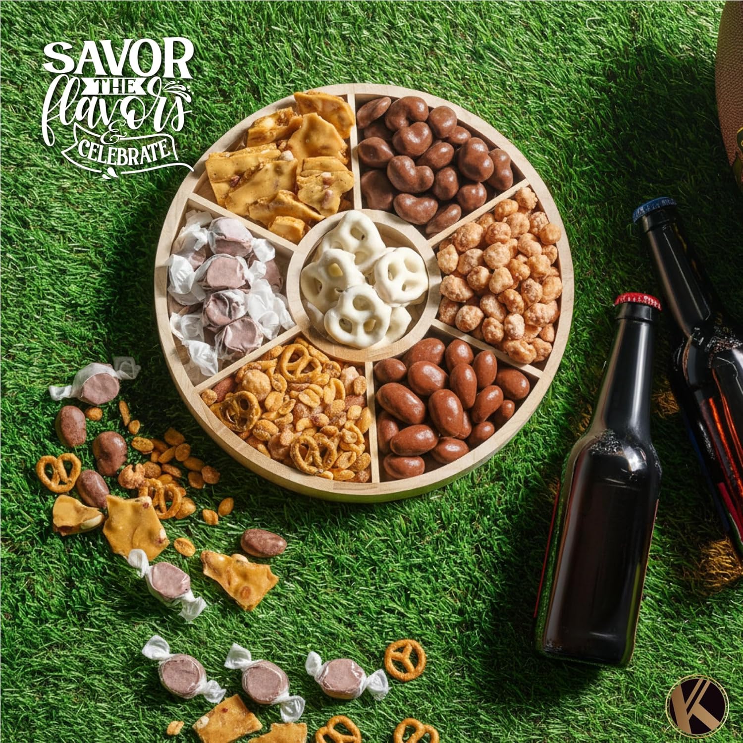 KREMERY Creamy Chocolate Cravings - Fathers Day Treats, Gift For Dad, Chocolate Covered Pretzels, Nuts & Candy Gift Basket (7 Assortments) Sweet Treats in Reusable Round Wooden Tray Ribbon Kosher