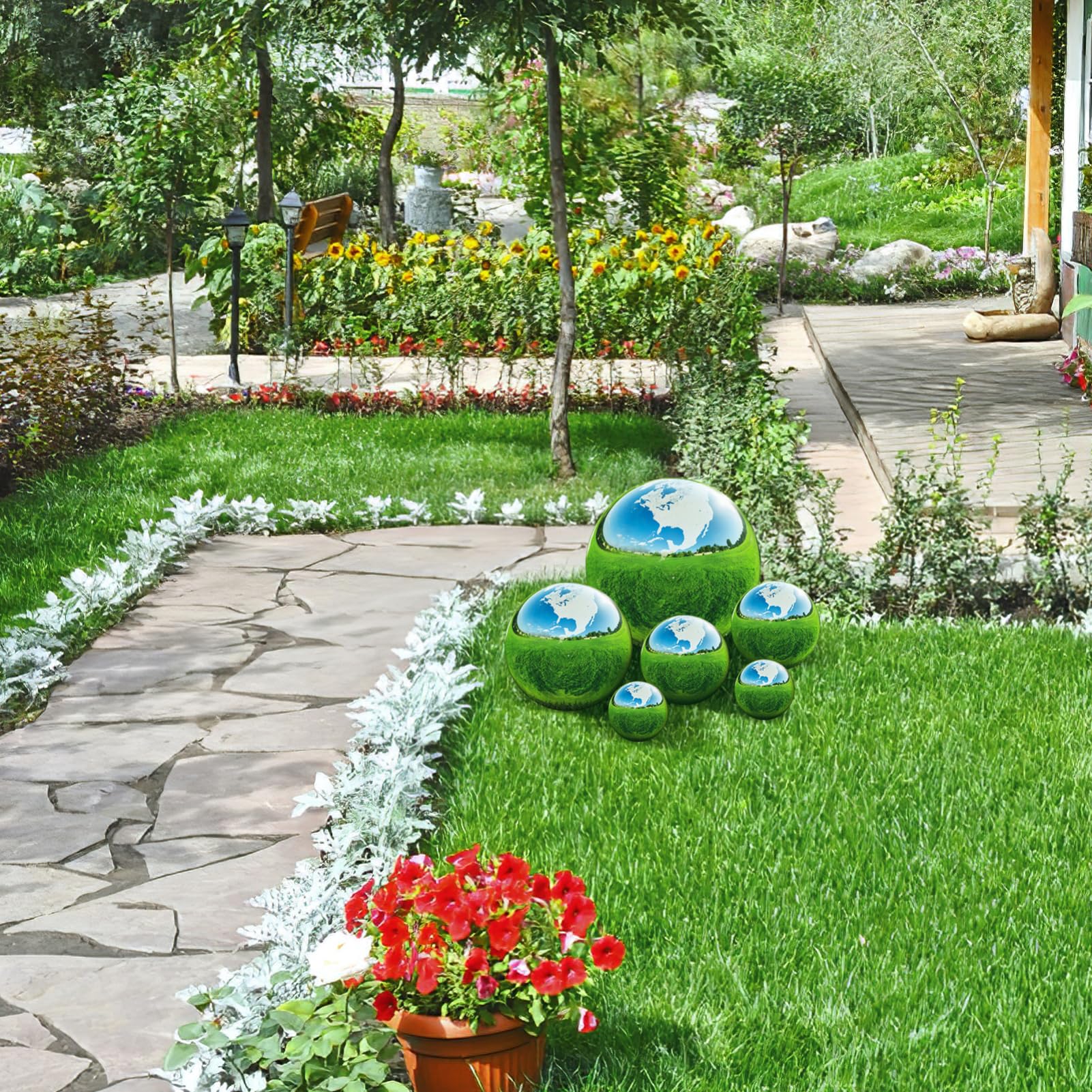 BESPORTBLE 6 sfere per giardino, in acciaio inox lucidato a specchio, sfere riflettenti, ornamenti decorativi per esterni, argento, 15 cm, 10 cm, 8 cm, 5 cm