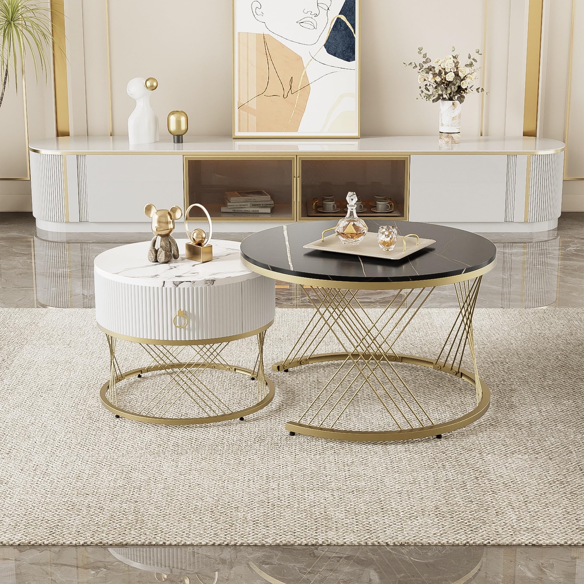 BTM Round Coffee Tables Set of 2, Nesting Coffee Tables with Storage, Nest of Tables with Drawer