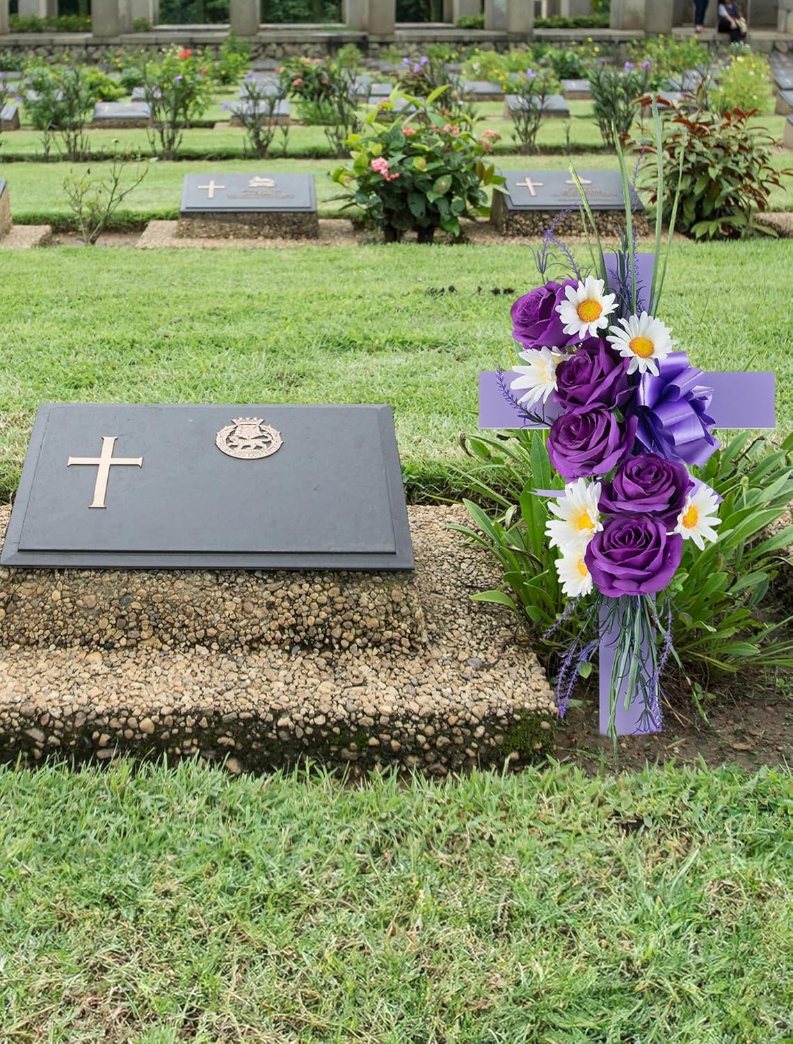 Cross for Cemetery Grave with Flowers: Outdoor Easter Grave Decorations for Cemetery - Purple Roses Artificial Flowers Memorial Wooden Cross for Gravesites