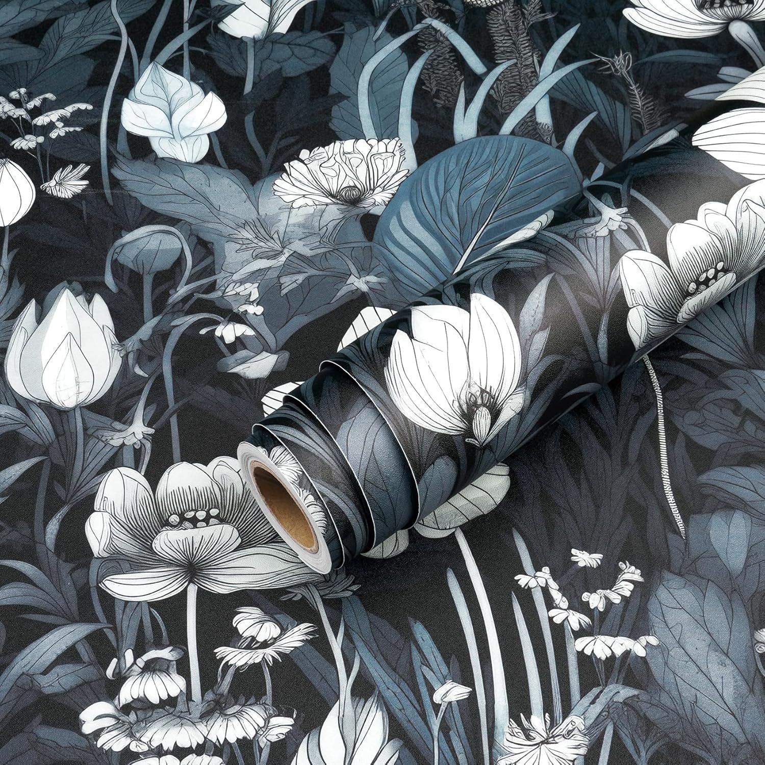 Livelynine Blue and White Floral Wallpaper Peel and Stick Garden Lotus Flower Wallpaper Self Adhesive Vintage Wall Mural Removable Vinyl Grey Navy White Contact Paper for Kitchen Cabinets 17.5x78.8"