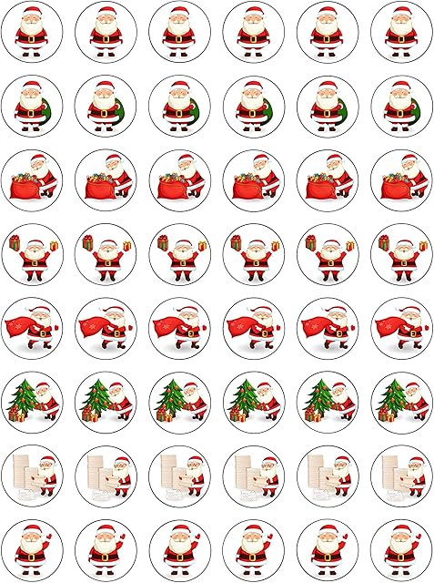 48 Christmas Cute Santa Father Xmas Edible Wafer Paper Round Cake Toppers Decorations - Great for Parties