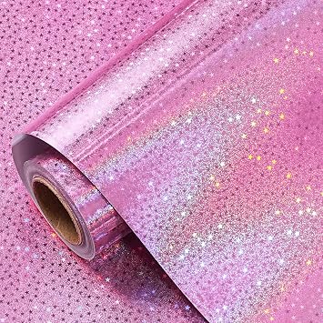 RUSPEPA Pink Holographic Wrapping Paper Roll for Girls, Valentines Day Pink Stars Gift Wrap for Birthday, Wedding, Mothers Day, Christmas, 17 Inches x 16.4 Feet