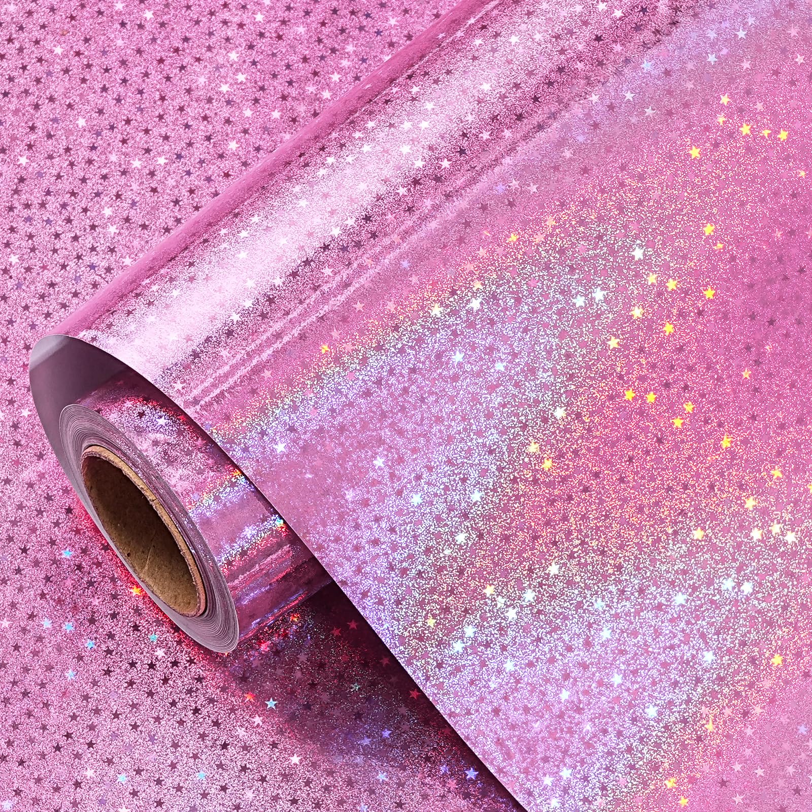 RUSPEPA Holographic Glitter Wrapping Paper Roll for Girls, Mini Roll, Pastel Pink with Sparkling Stars Gift Wrap for Birthday, Wedding, Mother's Day, Valentine's Day, Christmas, 43.2cm x 5m — image 1