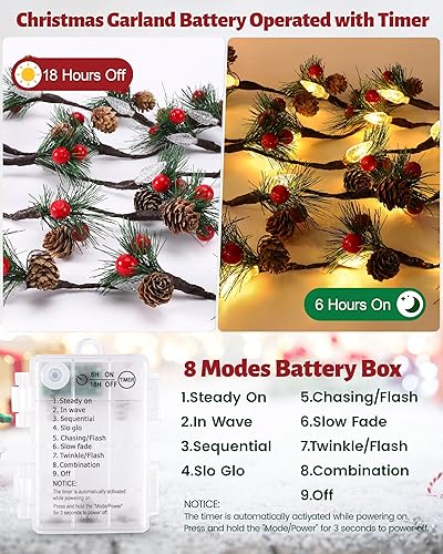 Miniatura 4 de Guirnalda de Navidad con luces, cadena de piñas de 7 pies con bayas rojas, agujas, 20 luces LED C6 de Navidad, funciona con pilas, guirnalda