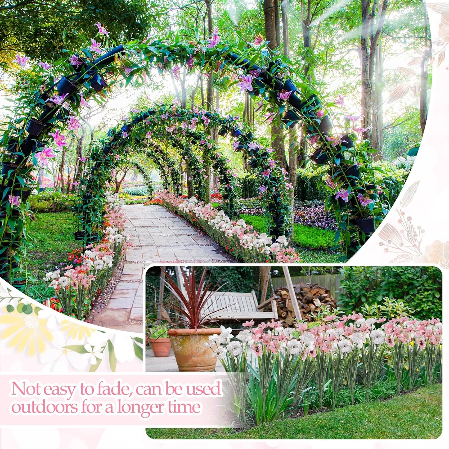 50 Bundles Artificial Flowers Outdoor Indoor Faux Flowers UV Resistant Faux Flowers No Fade Plastic Faux Plant for Farmhouse Wedding Garden Porch Window Box Decoration (Hot Pink, White)