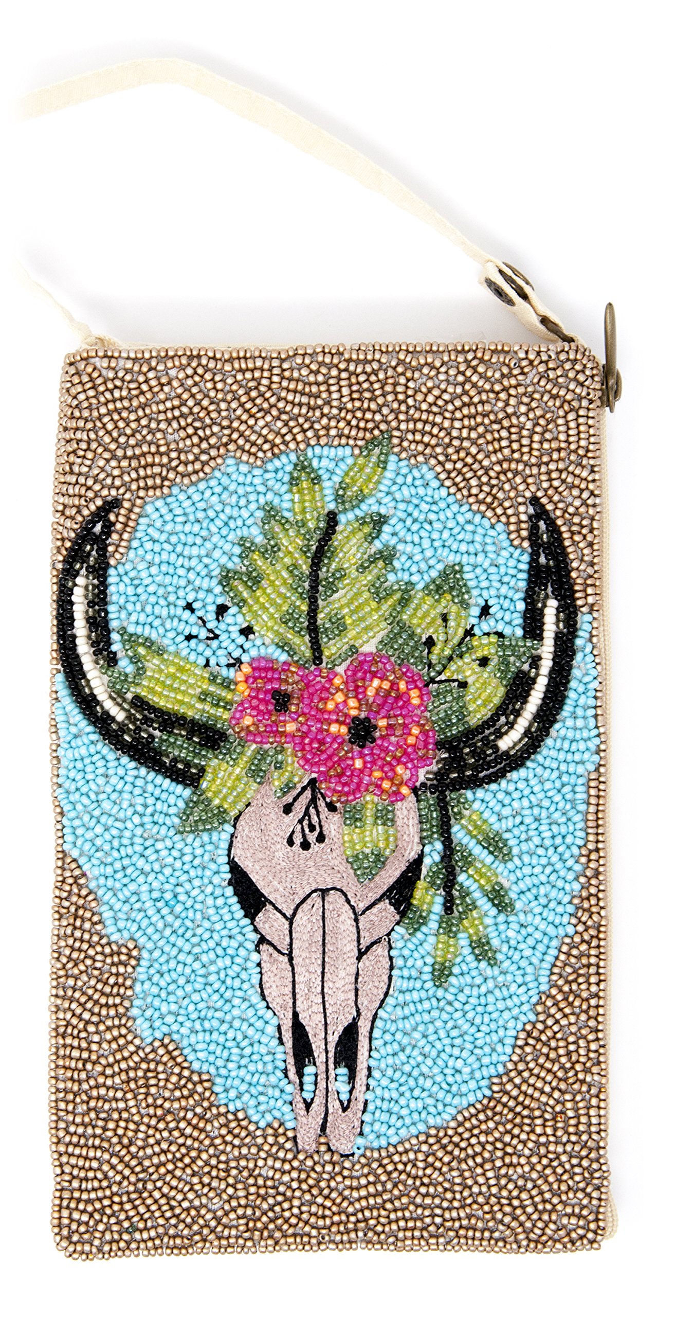 Trendy & Elegant Hand Beaded/ Embroided Small Club Bag (cellphone purse size- Note 8/ iphone 10)- Wrist-Cross Shoulder by Bamboo Trading Co (F- Bull Skull)