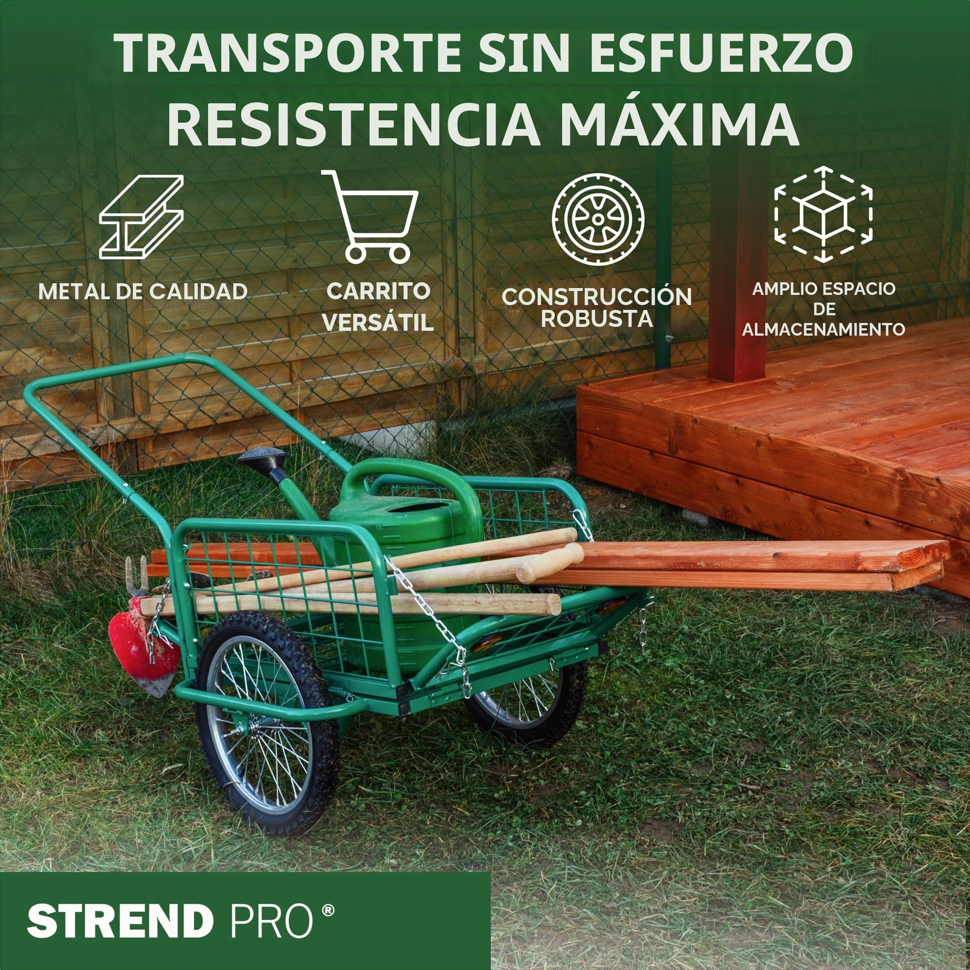 STREND PRO Victor - Carro de mano, metal, laterales plegables, hasta 100 kg, ruedas grandes, estructura de metal, carro de transporte para jardín y transporte, carro de madera, carrito de jardín