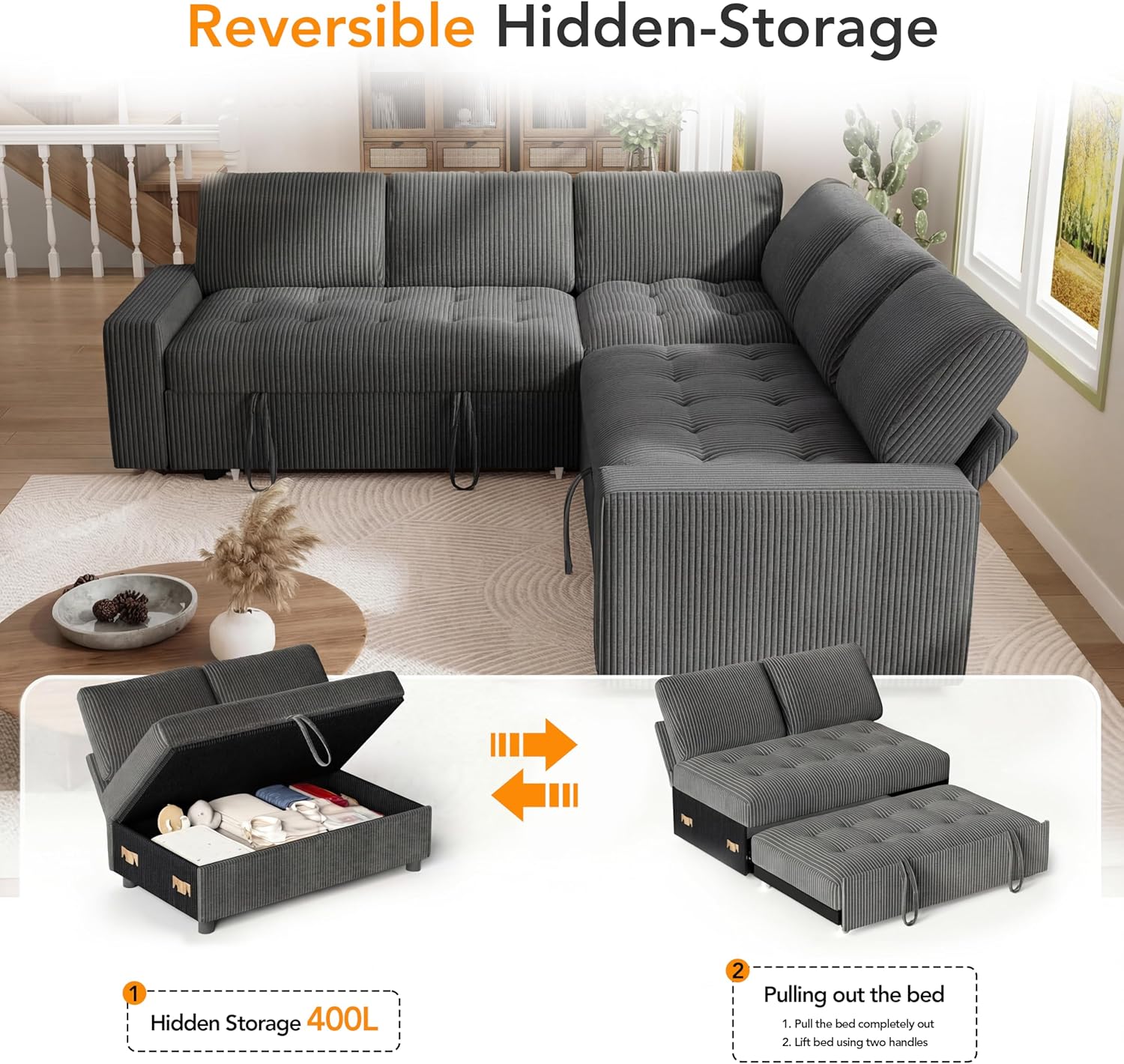 Vipbear Pull Out Sofa Bed Sectional Sleeper Sofa with Reclining Backrest & Storage, Plush Pullout Modular Sectional Couches with USB Charging, L Shaped Convertible Couch Bed for Apartment, Grey | Breathable material, Tool-Free Assembly