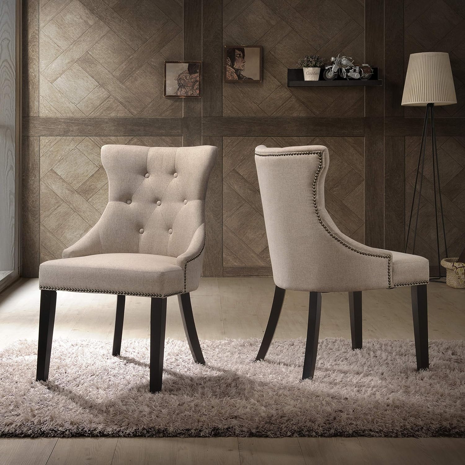 Carolina Chair & Table Julia Set of 2 Tufted Back Nailhead Trim Dining Chair - Wingback Upholstered Foam Filled Seat Wooden Chairs - Elegant Home Decor Accent Furniture for Dining Room (Espresso/Gray)