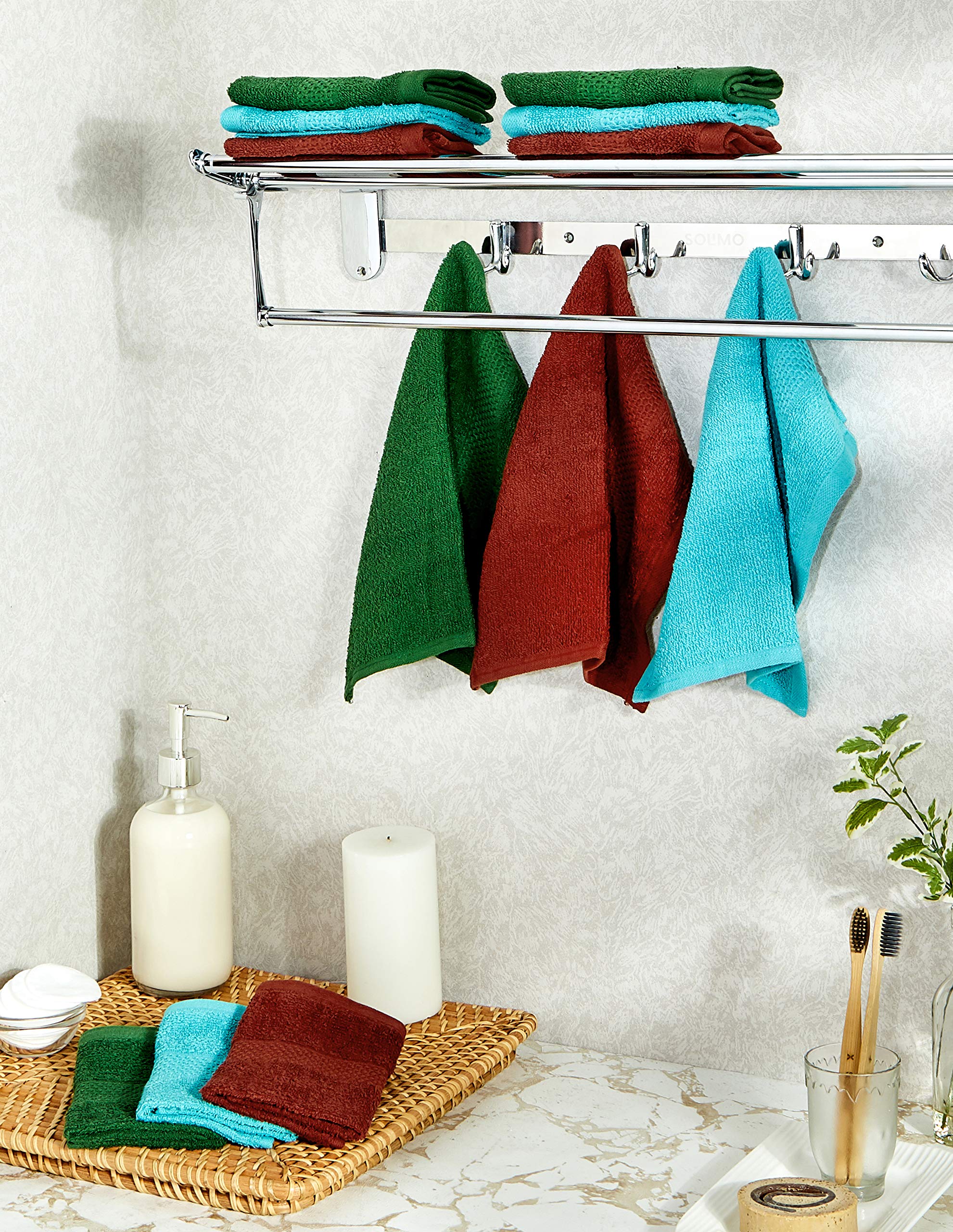 Solimo Cotton 12 Piece Face Towel Set, 380 GSM (Baltic Blue, Mint Green, Brick Red) 1