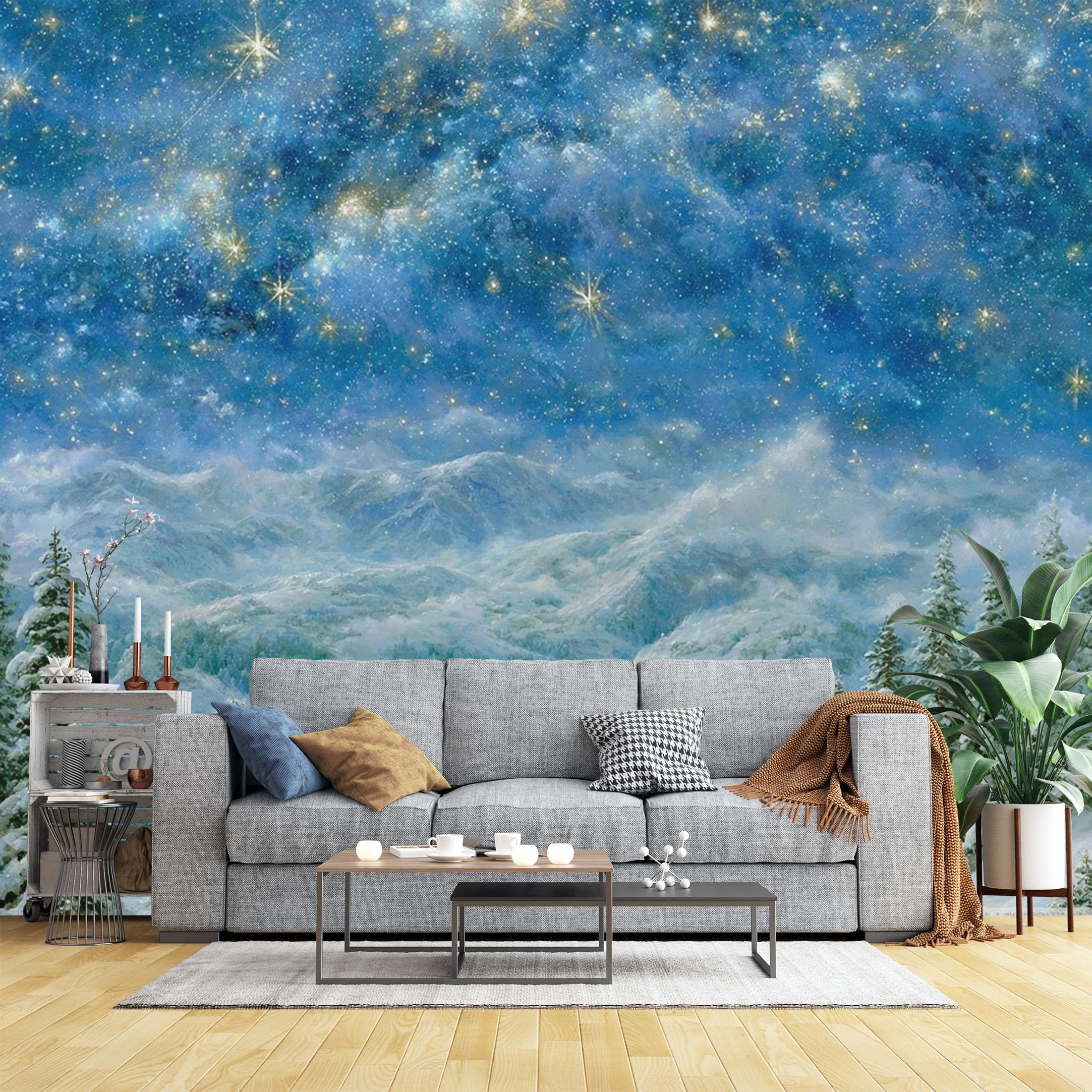 Custom Size Wall Murals Starry Night Over Snowy Mountain Landscape Wall Murals Winter Scenery Wallpaper, Wall Stickers Self-Adhesive Removable Wallpaper for Living Room