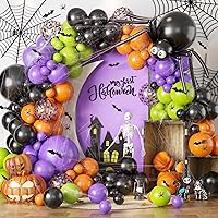 Vista 10 de Kit de guirnalda de arco de globos de Halloween con globos de araña grande, negro mate, verde lima, morado, globos de látex metálicos con globos