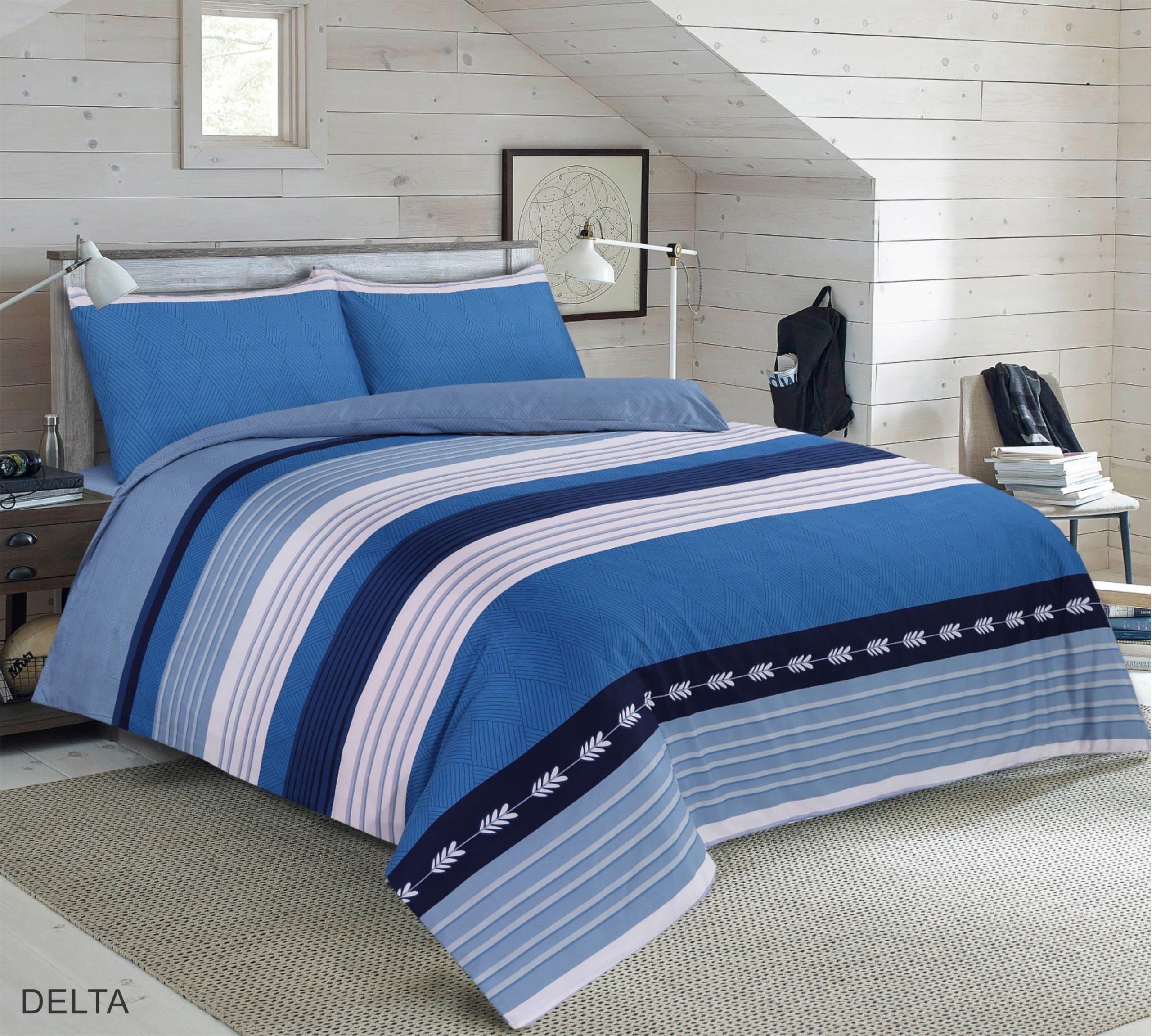 NIGHTZONE Striped Duvet Cover Set Soft Microfibre Set with Matching Pillowcases Modern Stripe Quilt Cover Delta Design (Blue, King)