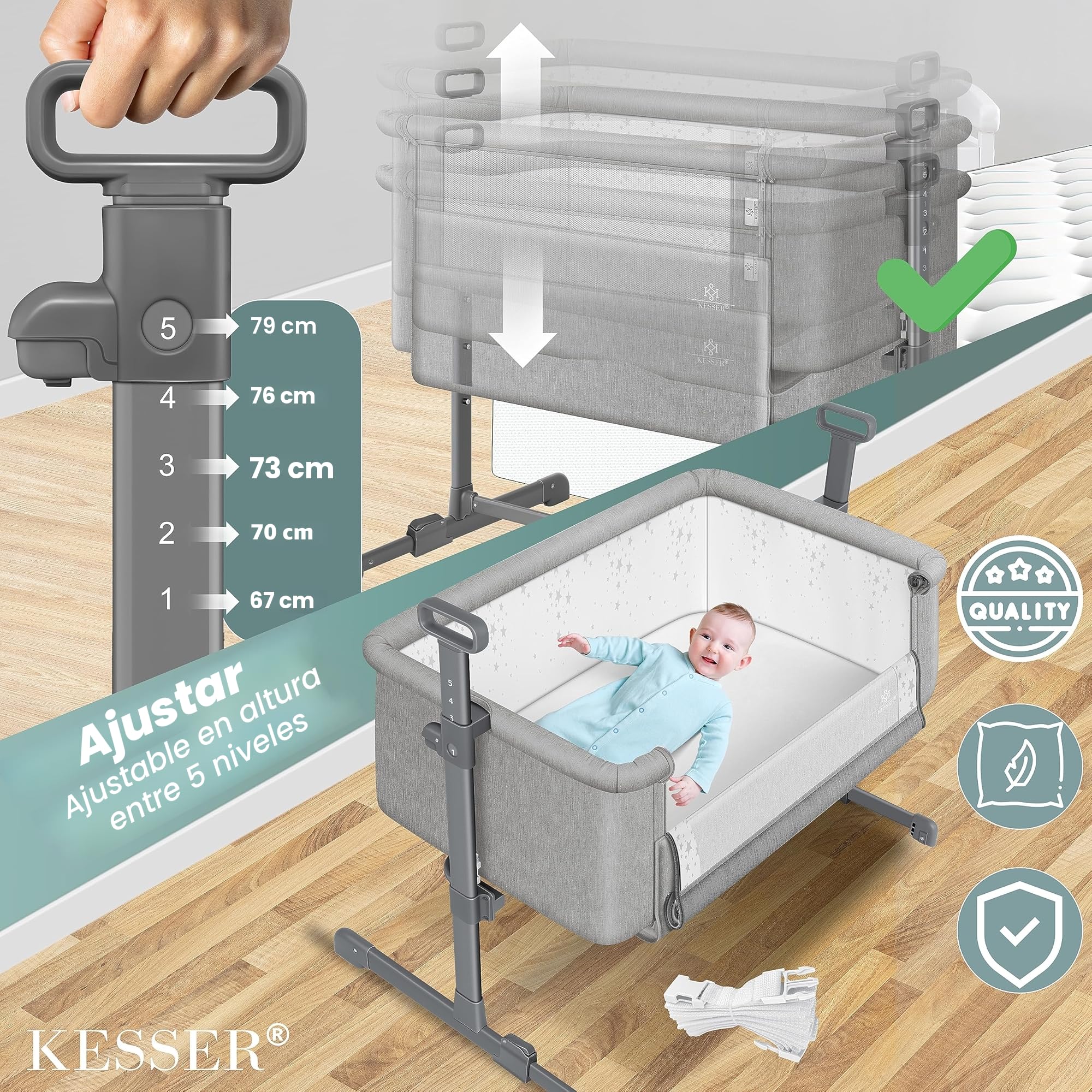 KESSER® Cama supletoria Hubi 3en1, colecho para bebé con colchón Blando, Cuna - con Ruedas, Ajuste de Altura en 5 Posiciones, Panel Lateral Plegable, para en casa y de Viaje, Gris Claro