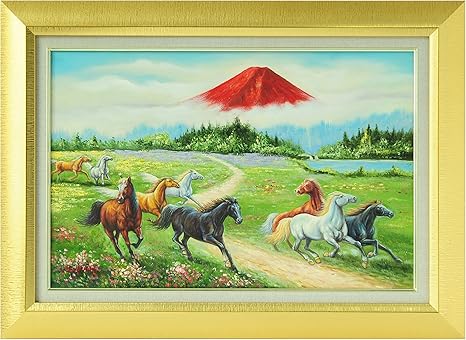 Amazon 赤富士に九馬 風水絵画 金運上昇 招福招財 油絵風景画 手書油彩画 インテリア絵画 お部屋の飾りに最適 壁掛け 用 豪華 額装 68 5 50 3 5cm アートフレーム ポスター オンライン通販