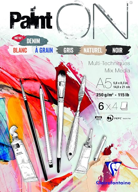 Clairefontaine - Ref 975409C - Paint'ON Multi-Technique Assorted Colour Paper Pad (24 Sheets) - A5 Size, 250gsm Heavyweight Paper, Slight Rough Grain, Acid Free, pH Neutral