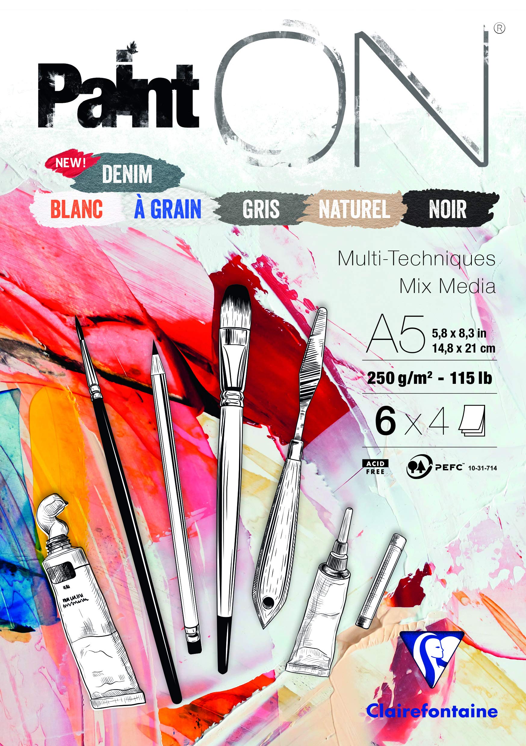 Clairefontaine - Ref 975409C - Paint'ON Multi-Technique Assorted Colour Paper Pad (24 Sheets) - A5 Size, 250gsm Heavyweight Paper, Slight Rough Grain, Acid Free, pH Neutral