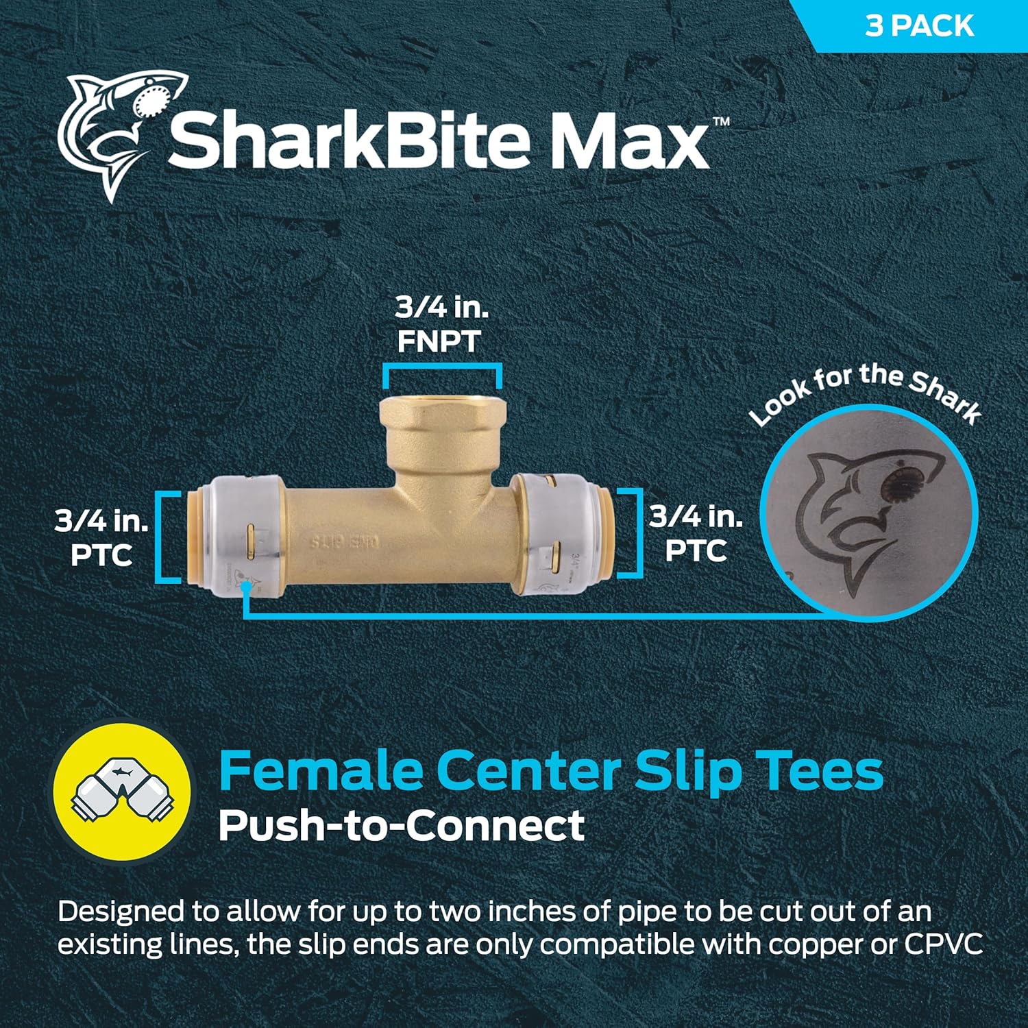 SharkBite Max 3/4 inch FNPT Slip Adapter, Pack of 3, Push To Connect Brass Plumbing Fitting, Copper, CPVC, UR3486