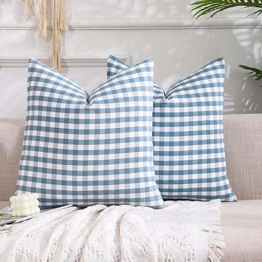 CARRIE HOME Light Blue Farmhouse Buffalo Plaid Pillow Covers 18x18 Set of 2 Patio Outdoor Decor Neutral Checkered Pillow Covers 18 x 18, Blue and White Gingham