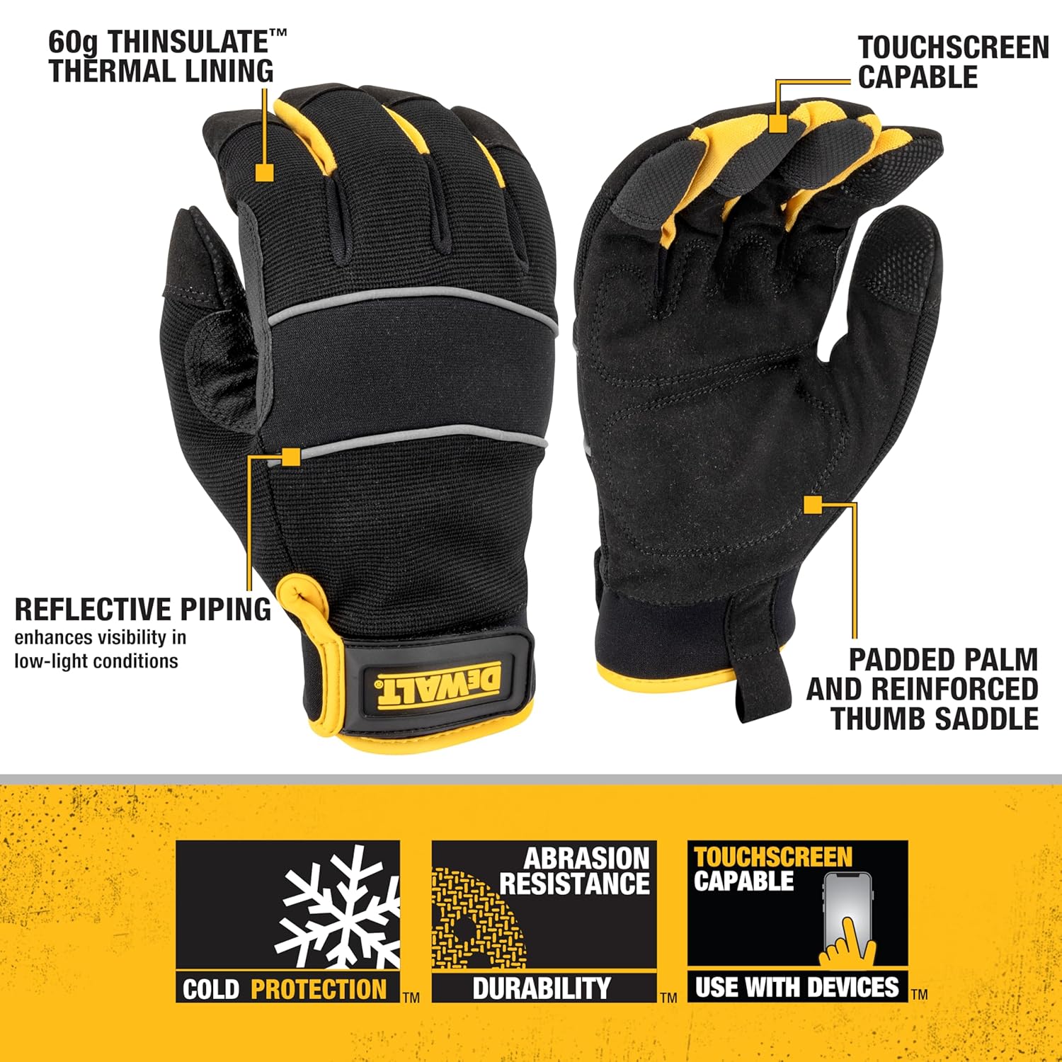 DEWALT DPG752 Unisex Mid-Grade 60g Thinsulate Lined Cold Weather Glove with Padded Palm, Reflective Piping and Touchscreen -Yellow/Black - Size X-Large