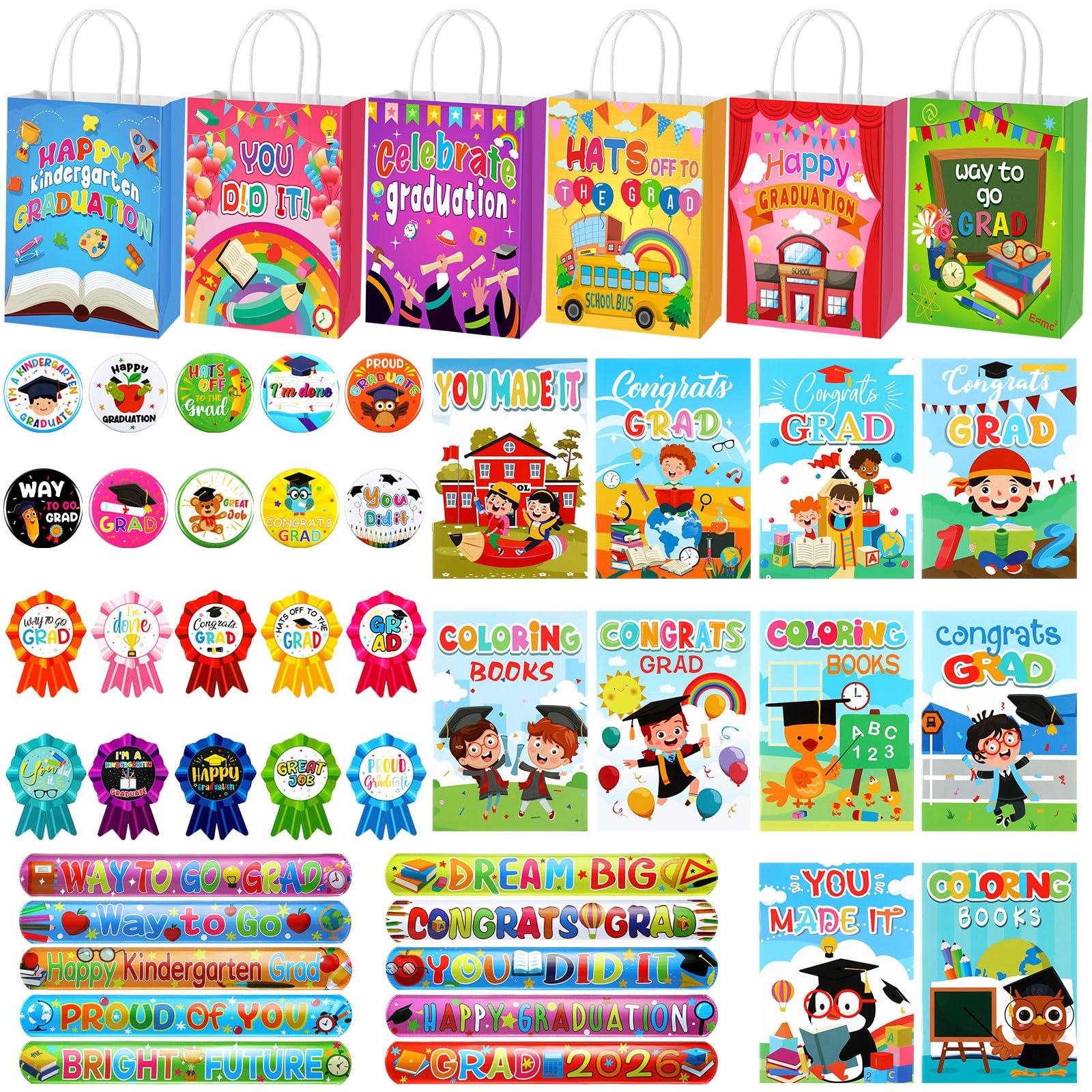 Fuyoooo 180 Pcs Kindergarten Graduation Party Favor Set Include 60 Slap Bracelets 30 Coloring Books 30 Paper Bags 30 Button Pin and 30 Grad Badge