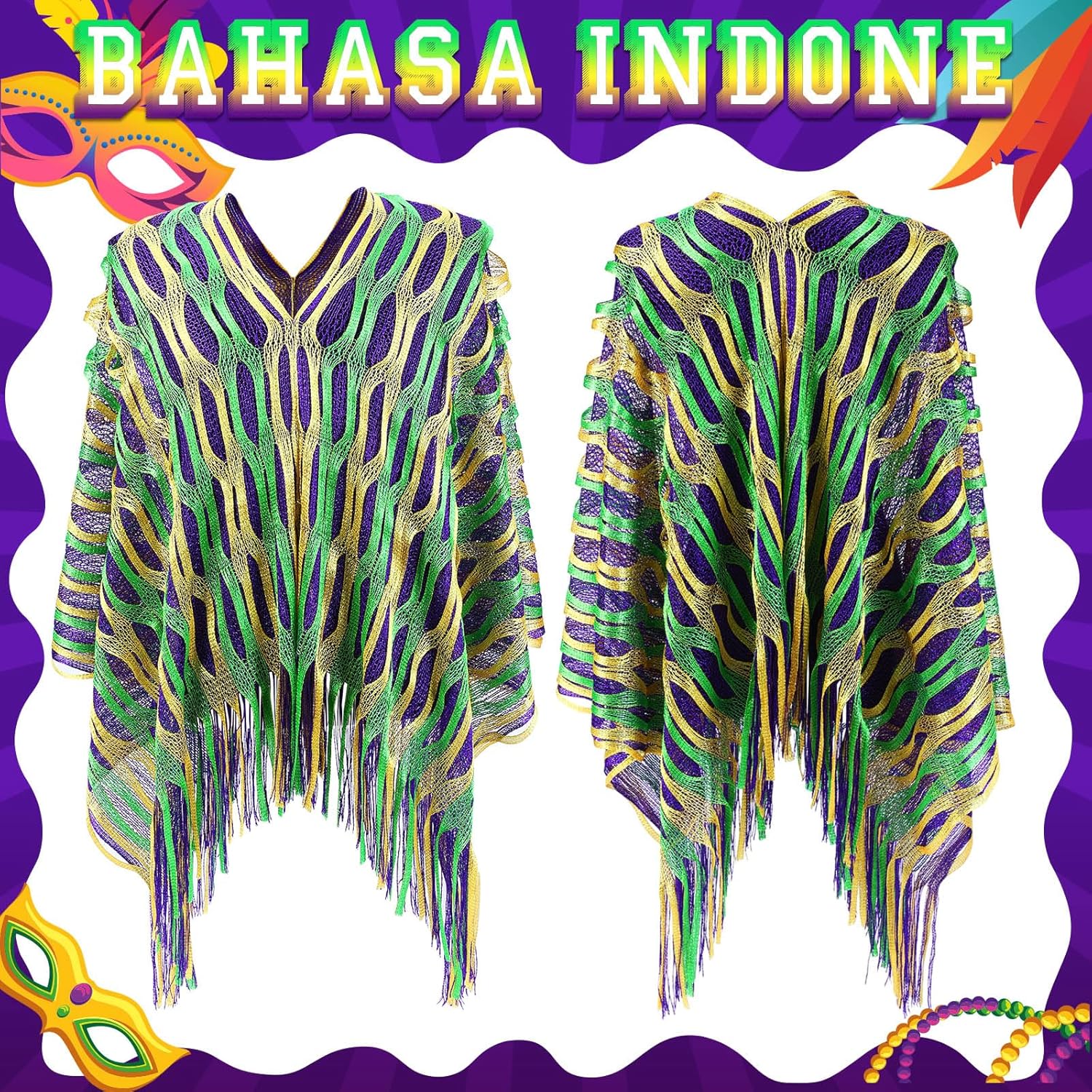 5 Pcs Mardi Gras Costume for Women Mardi Gras Shawl Poncho Sequin Feather Masquerade Mask Headband Long Socks Earrings Beads Necklaces Outfit Accessory Set Parade Masquerade Party Favor - Image 4