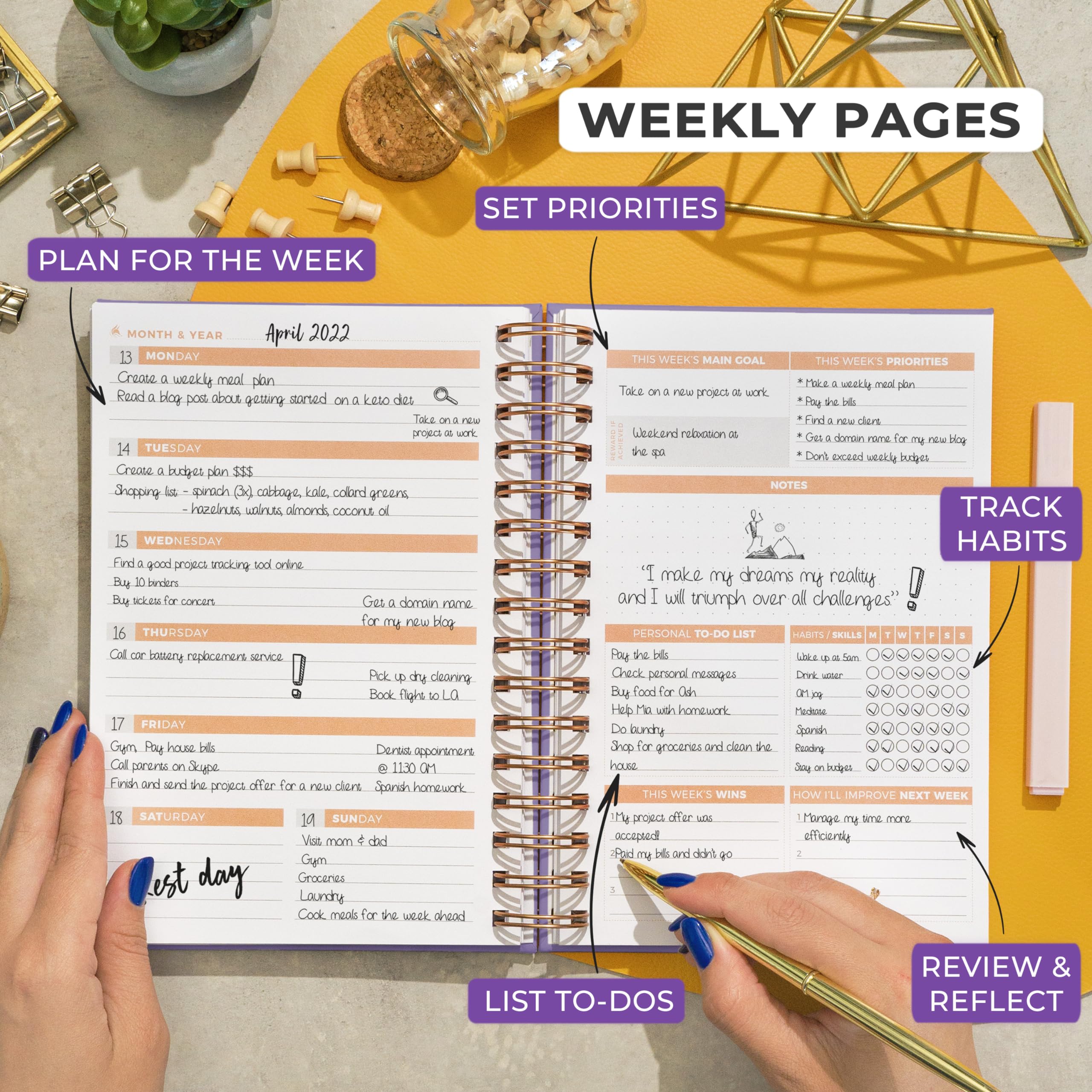 Clever Fox Planner 2a edizione a spirale – Pianificatore settimanale e mensile per obiettivi colorati, gestione del tempo e produttività, senza data (lavanda)