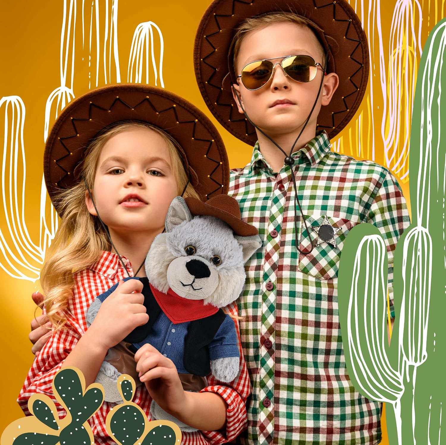 DolliBu Sitting Wolf Stuffed Animal Cowboy Plush with Name Personalization - Western-Themed Wolf Plush with Cute Cowboy Costume Denim Shirt Vest, Bandana, Leather Pants, and Hat - 9 Inches