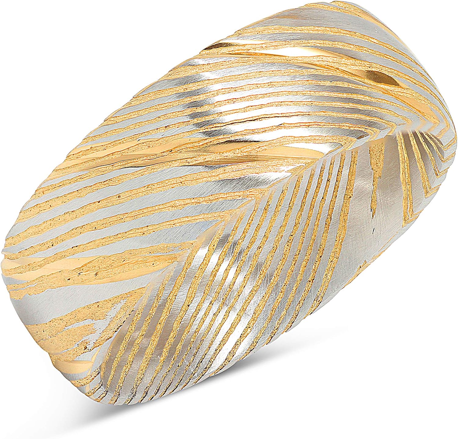 100S JEWELRY Damascus Steel Ring Men Wedding Band Two Tone Gold Silver Dome Comfort Fit Size 8-16